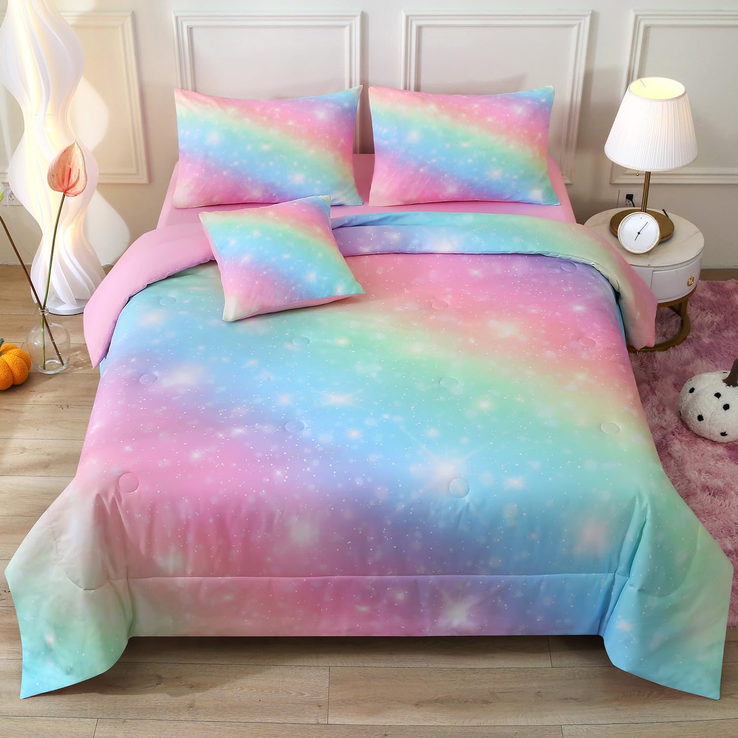 JQinHomeGlitter Bedding Set Queen Size,6 Piece Bed in A Bag 3D Colorful Rainbow Galaxy Comforter Set for Girls Kids(1 Comforter,2 Pillowcases,1 Flat Sheet,1 Fitted Sheet,1 Cushion Cover)(Rainbow)
