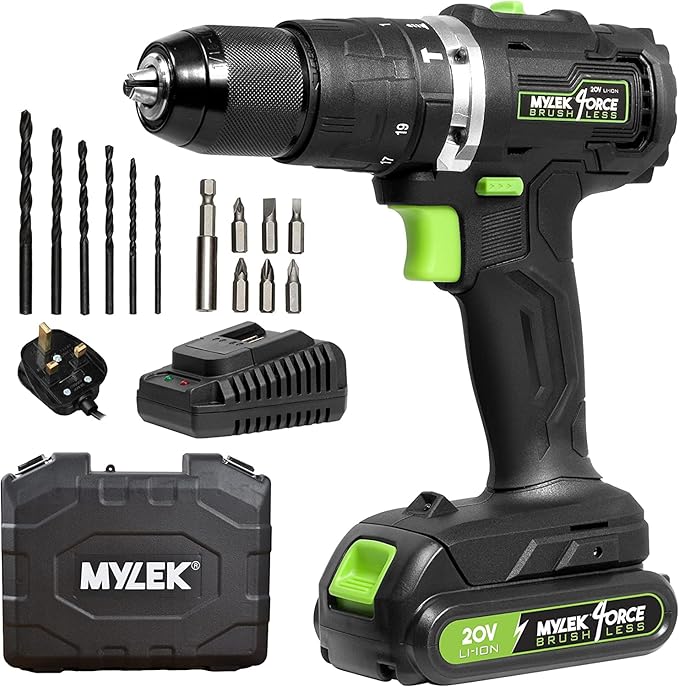 Mylek Cordless Drill 20V Brushless Driver Impact Hammer Action Combi Set with 2.0Ah Battery and
