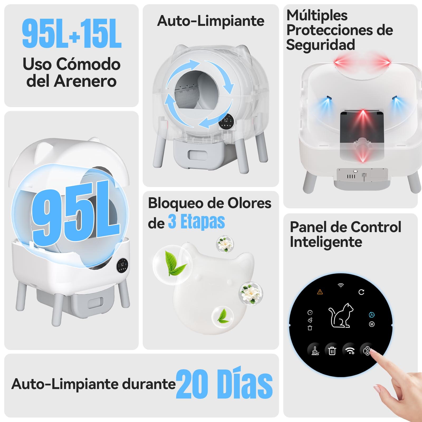 Jummico Litière pour Chat Autonettoyante, 95L+15L Litière Automatique pour Chat, avec Éclairage Intérieur Contrôlable, Désodorisation, Contrôle par APP, Surveillance Santé par IA
