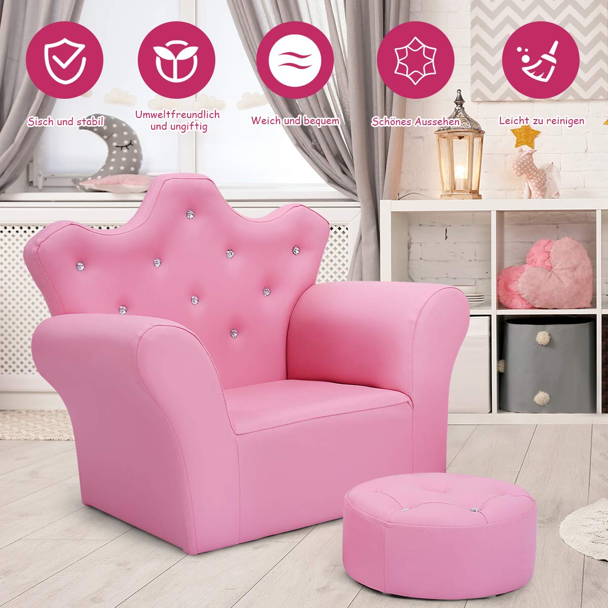 DREAMADE Kids Sofa with Ottoman, Crown-Like Kids Couch w/Comfy Armrests, Sturdy Wood Structure, PVC Leather Surface & Crystal Decoration, Toddler Chair with Footstool, Ideal for Princess 3-5 (Pink)