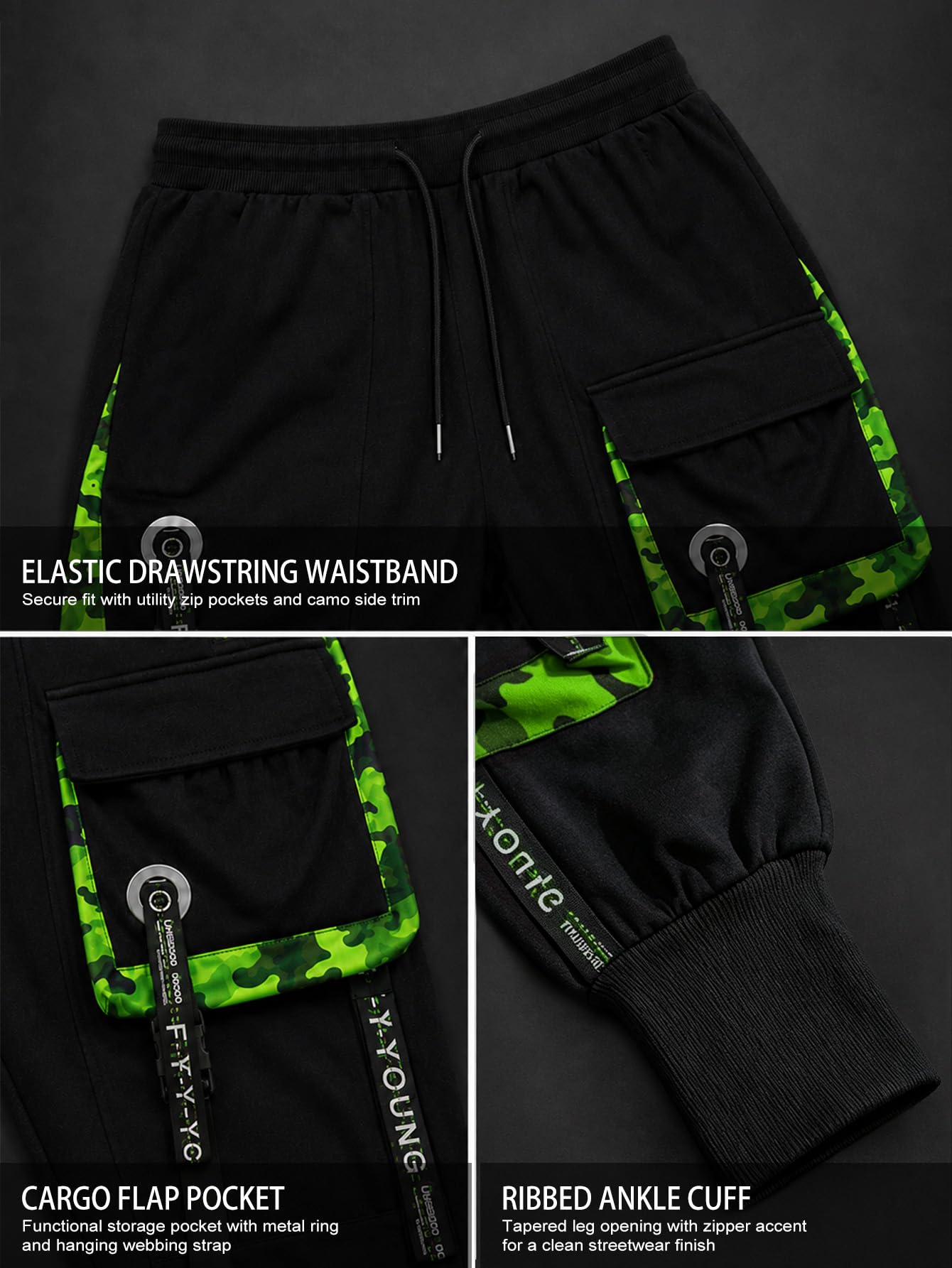 Hello MrLin Jogginghose für Herren, Punk, Cargohose, Baggy, Techwear, Hip-Hop, Haremshose, Streetwear, Taktische Trainingshose, schwarz und grün, Klein