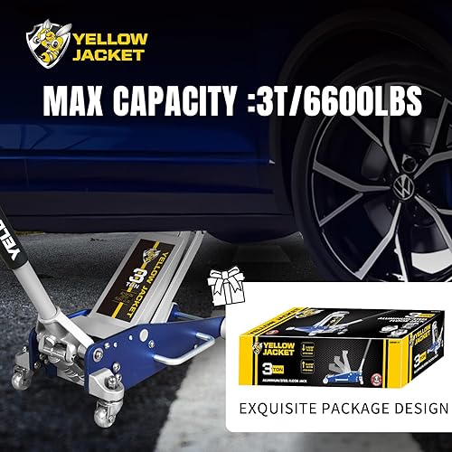 Miniatura 7 de YELLOW JACKET Gato hidráulico de piso de 3 toneladas de aluminio y acero de perfil bajo con bomba doble de elevación rápida para SUV, camión, MVP,