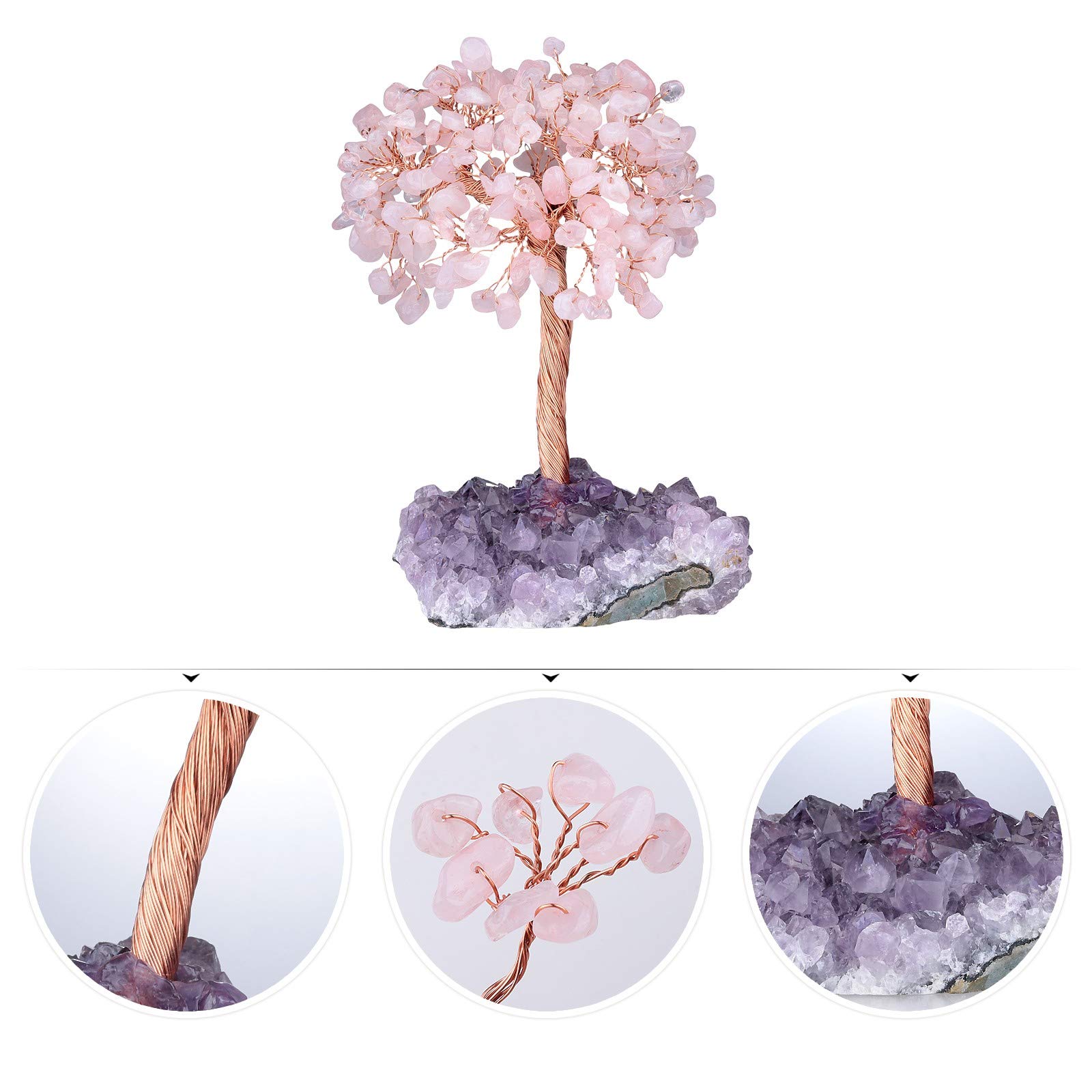 KYEYGWO Rosenquarz Reiki Heilung Kristallbaum auf Natürlichen Amethyst Drusensegment Rohstück Base, Stein Geldbaum Feng Shui Bonsai Baum Figuren Ornament Haus Deko für Glück, Reichtum