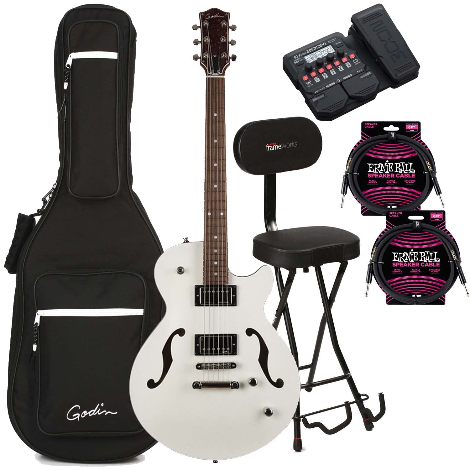 Godin (050222) Montreal Premiere HT – Trans White, Gator GFW-GTR-SEAT, Zoom G1X Effect Pedal, (2) EB