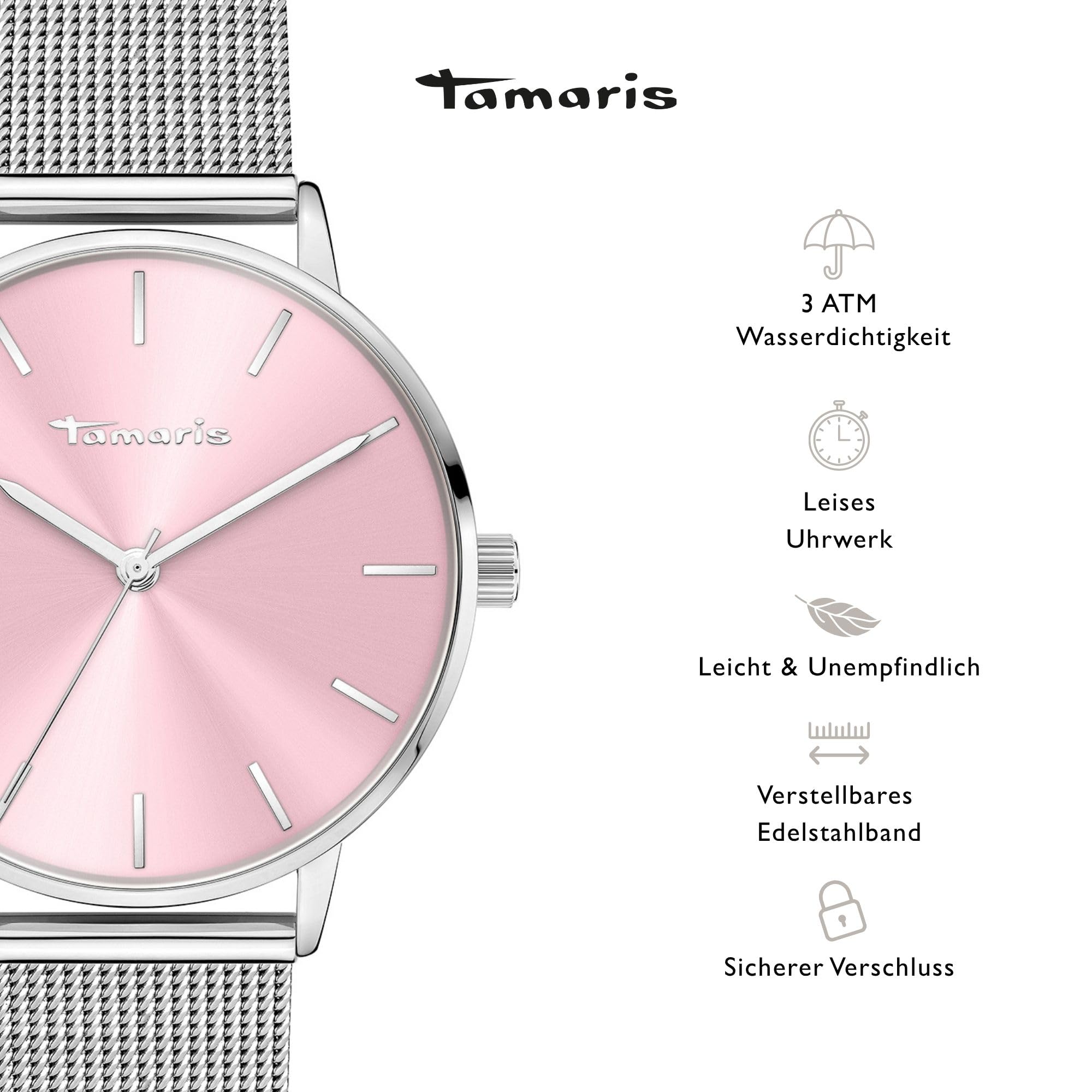 Tamaris Damenuhr – Runde Quarzuhr für Damen mit Edelstahl Meshband