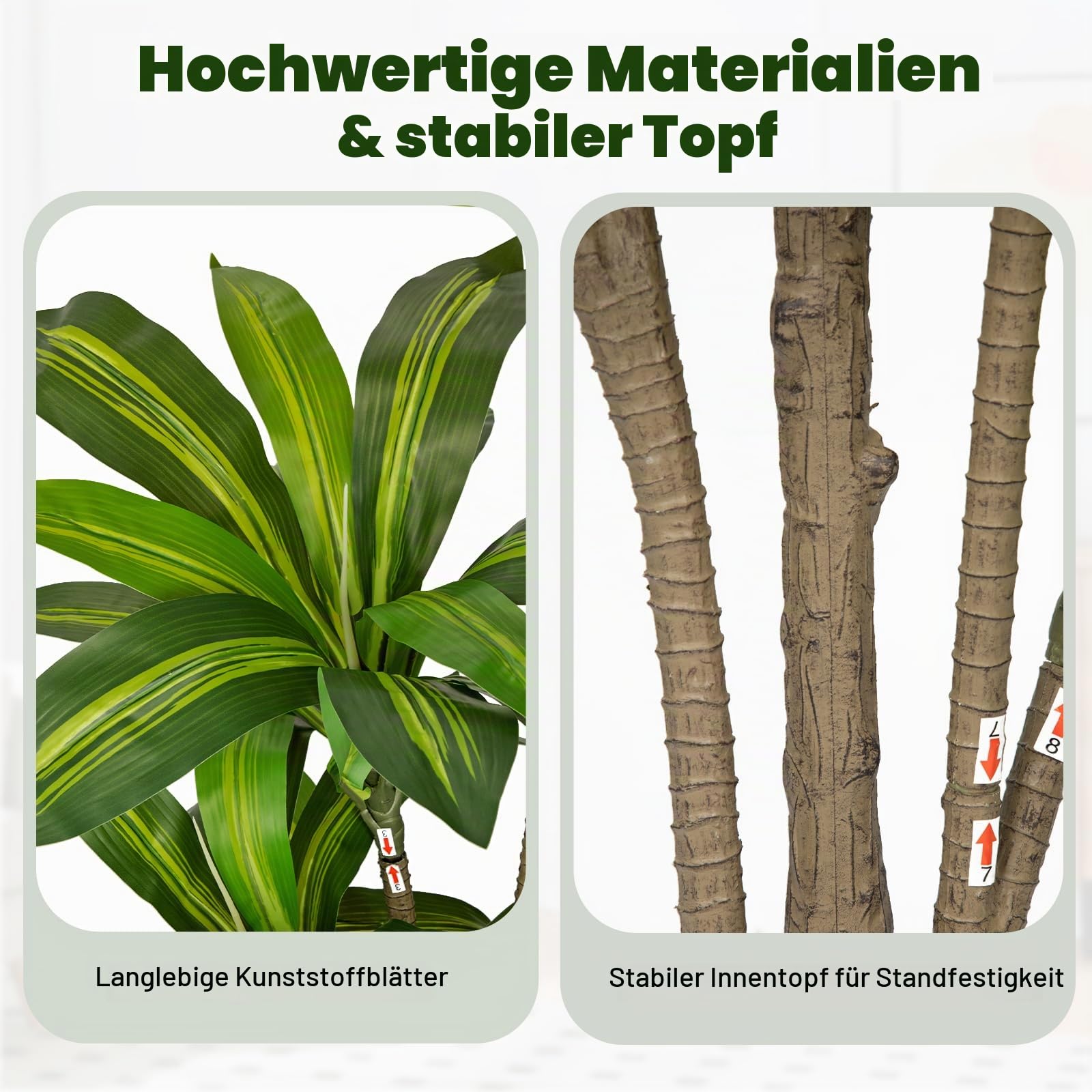Briful Künstlicher Drachenbaum Große Kunstpflanzen, 180 cm Dekorative Kunstbaum als Indoor Bodenpflanze mit Weißem Topf, Dekopflanze für Wohnzimmer Büro Flur