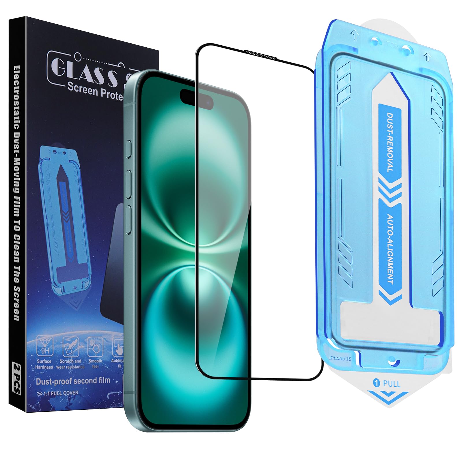 2-pack screen protector for iphone 14 pro/iphone 15 / iphone 16, 9h tempered glass, high definition clear, full coverage, anti-fingerprint, auto dust-elimination, no bubble, easy installation