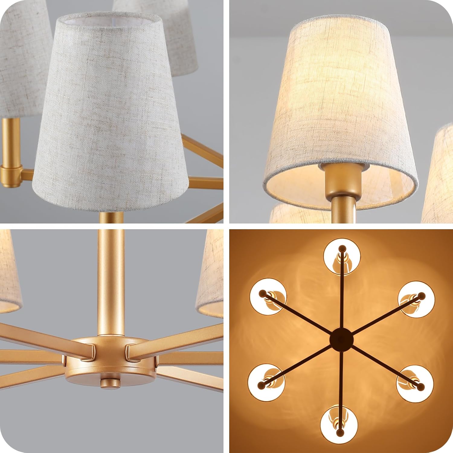 6-Light Gold Chandelier for Dining Room Light Fixture 29.9" Modern Farmhouse Chandeliers with Linen Shade Industrial Hanging Pendant Light for Kitchen Island Foyer Entryway Living Room Bedroom, E12