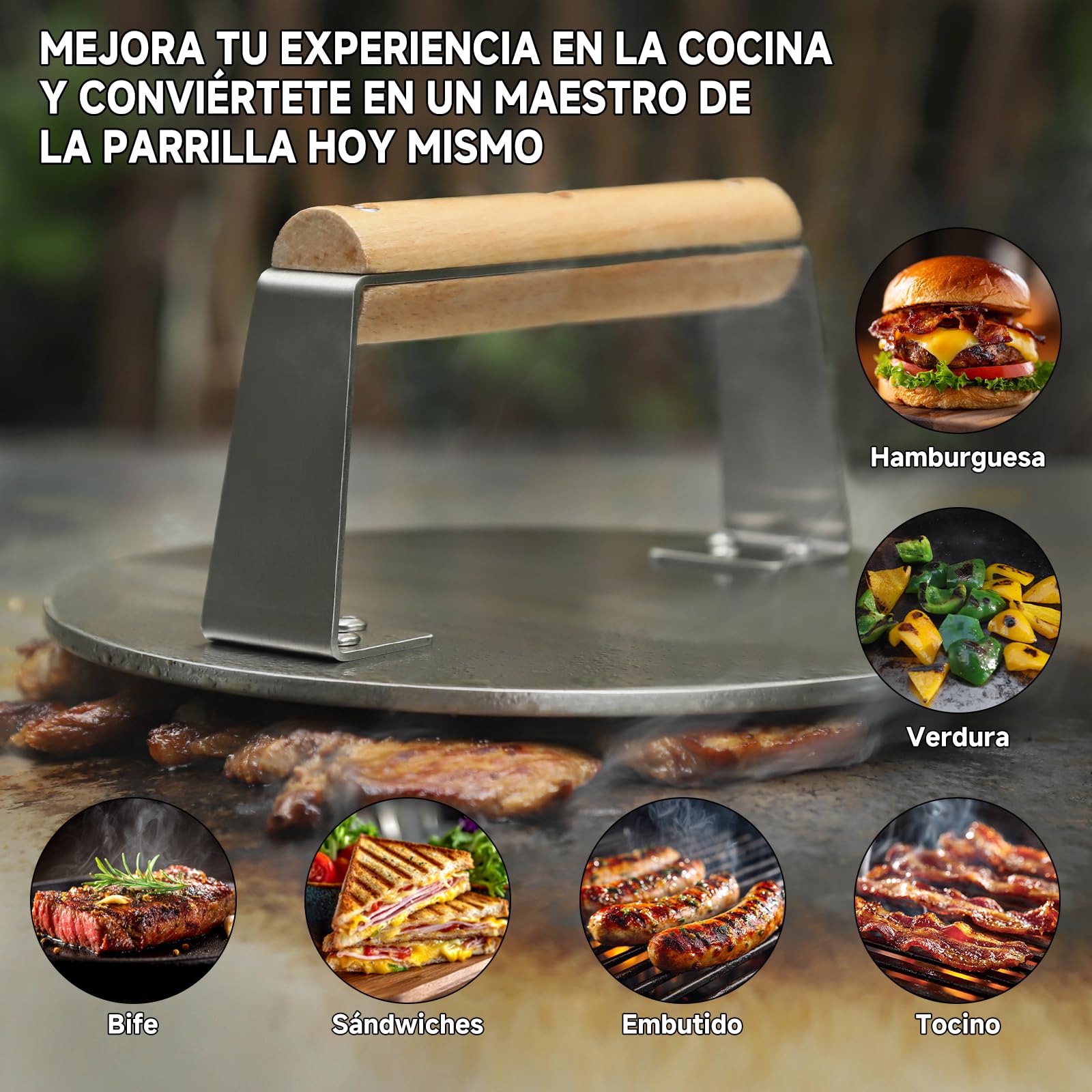 SKY FISH Prensa de hamburguesas Smash de acero inoxidable, 1650 g, prensa de parrilla de tocino y hamburguesas de alta resistencia con mango de madera, herramienta de prensa de barbacoa de 8.5