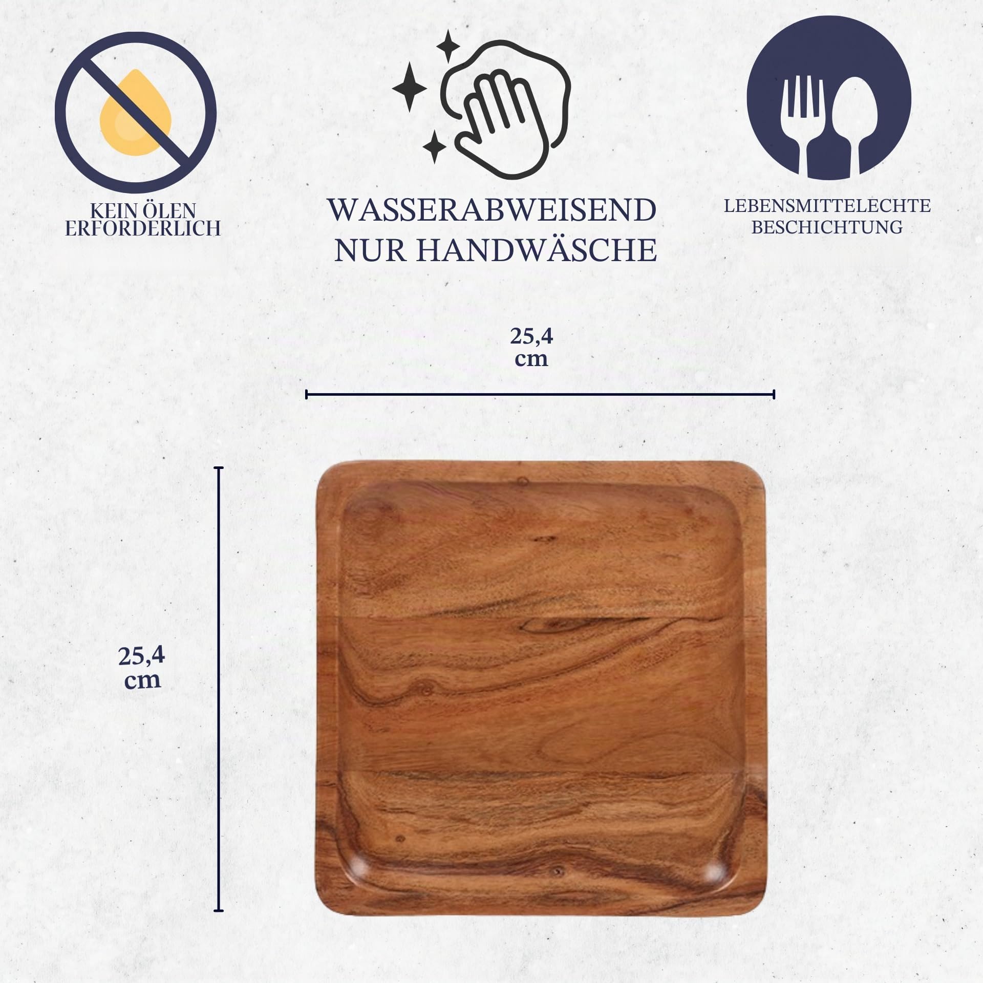 Platzteller-Set aus Akazienholz, Platzteller aus Holz, quadratisch, 4er-Set | 25 x 25 cm | Bruchsicher | fugenlos | Beschichtung in Lebensmittelqualität