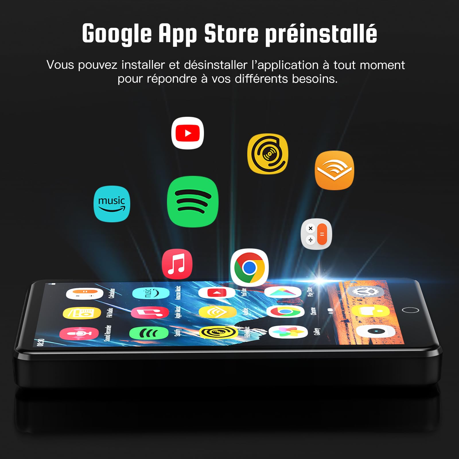 Lecteur MP3 avec WiFi et Bluetooth, Lecteur MP4 4.02" avec Haut-parleurs, Lecteur de Musique pour Enfants avec caméra 13MP, Lecteur de Musique avec Spotify, Youtube et Play Store