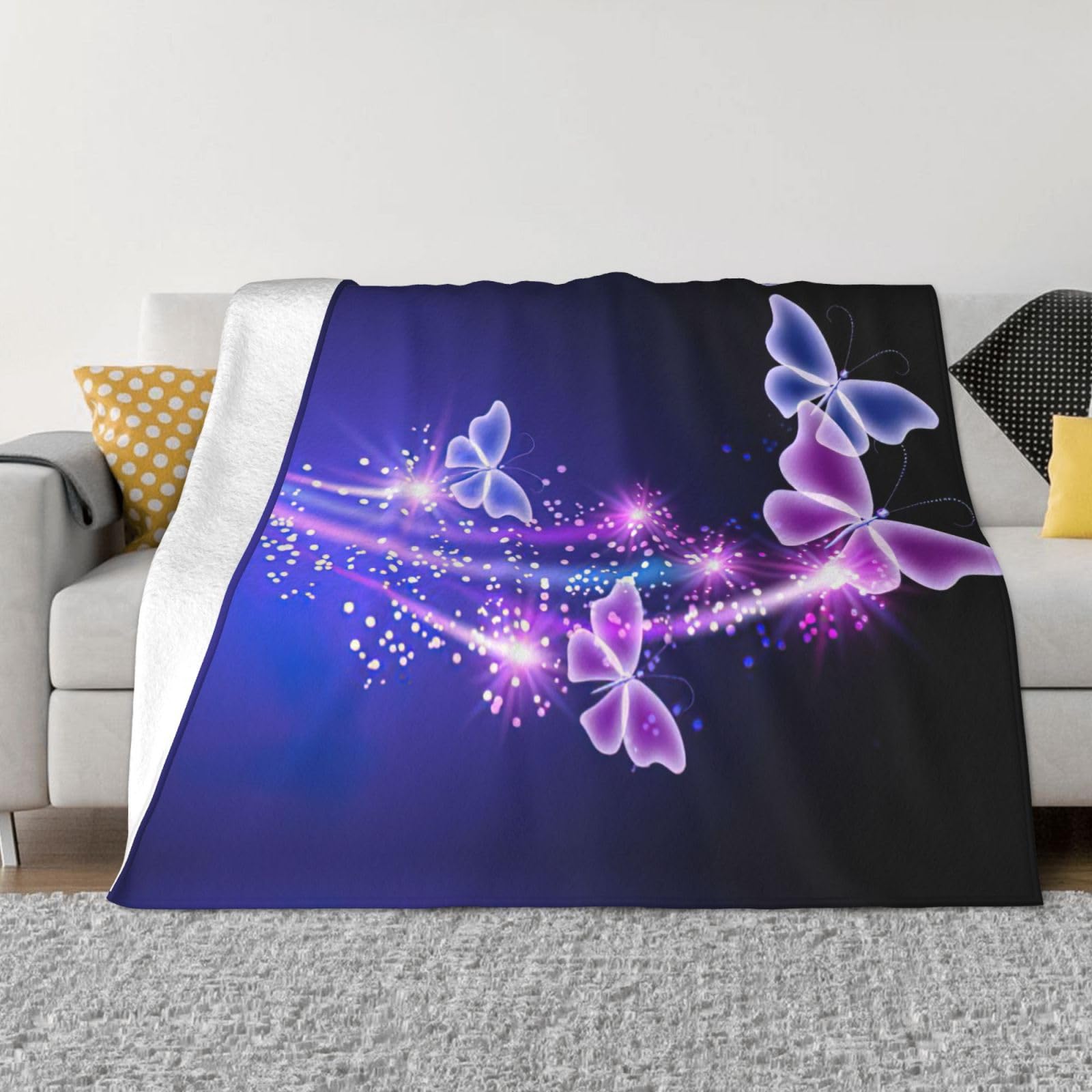 Couverture micro-polaire violette imprimé papillon plaid flanelle lit canapé 2 tailles