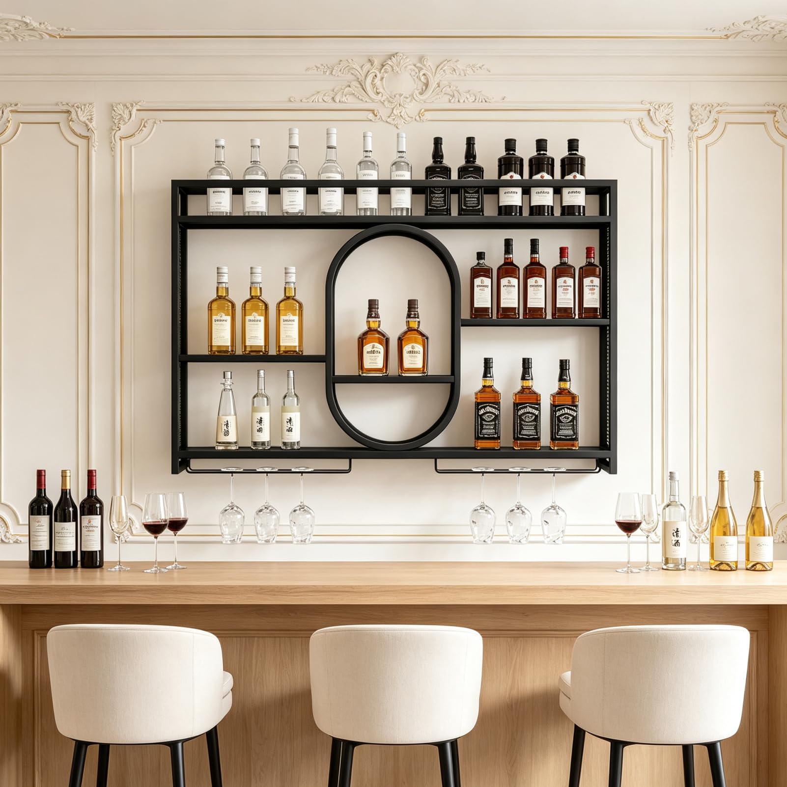 Wandmontiertes Weinregal, für Zuhause, Restaurants und Bars (100 x 80 cm) | Modernes Wandregal für Bars, 3-stufiges Metallregal, Multifunktionales Eisenregal für Champagner, Stielgläser und Wein
