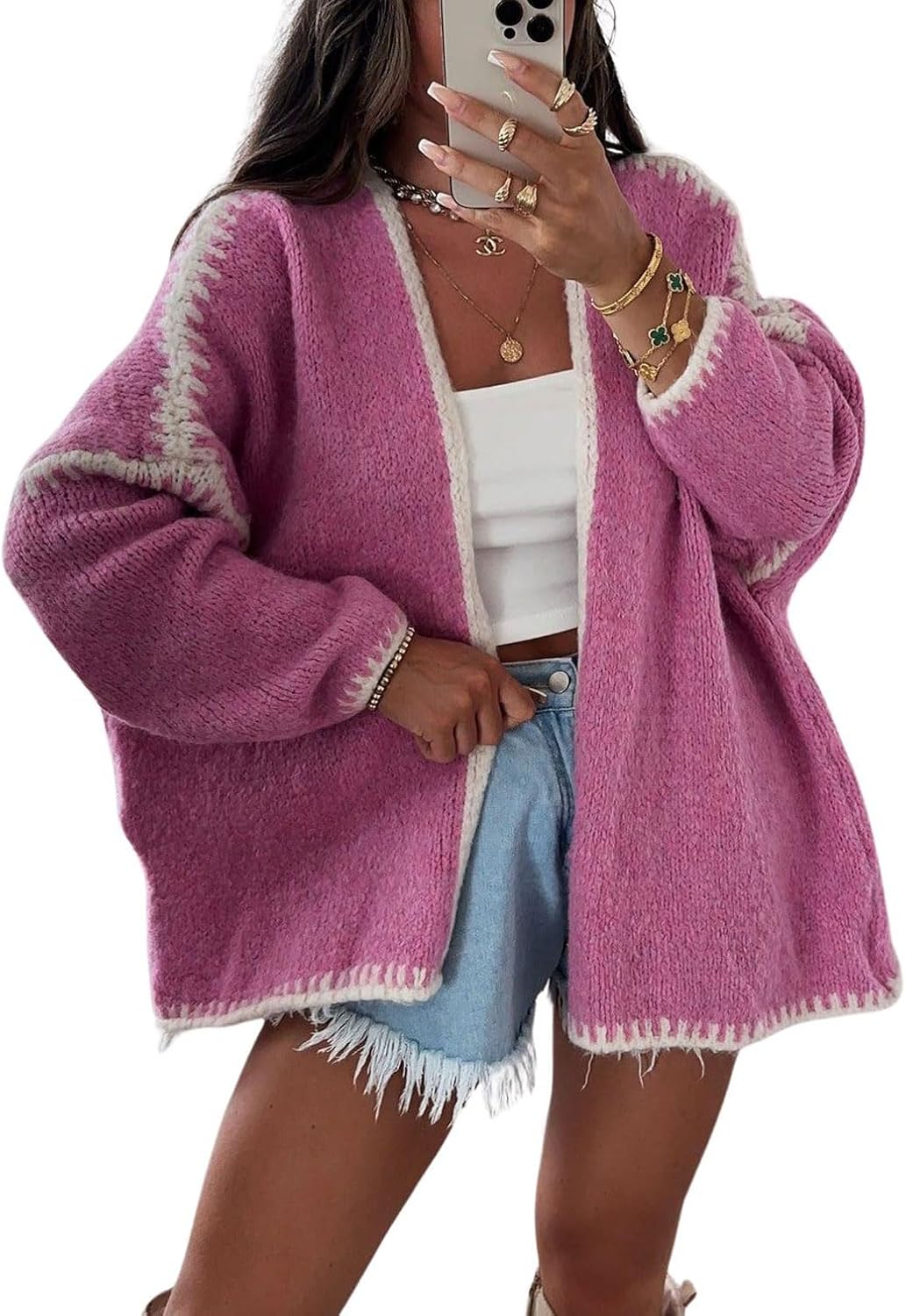 chouyatou Women Fall Open Front Color Block Cardigan Sweater Casual Striped Chunky Knit Oversized Cardigan