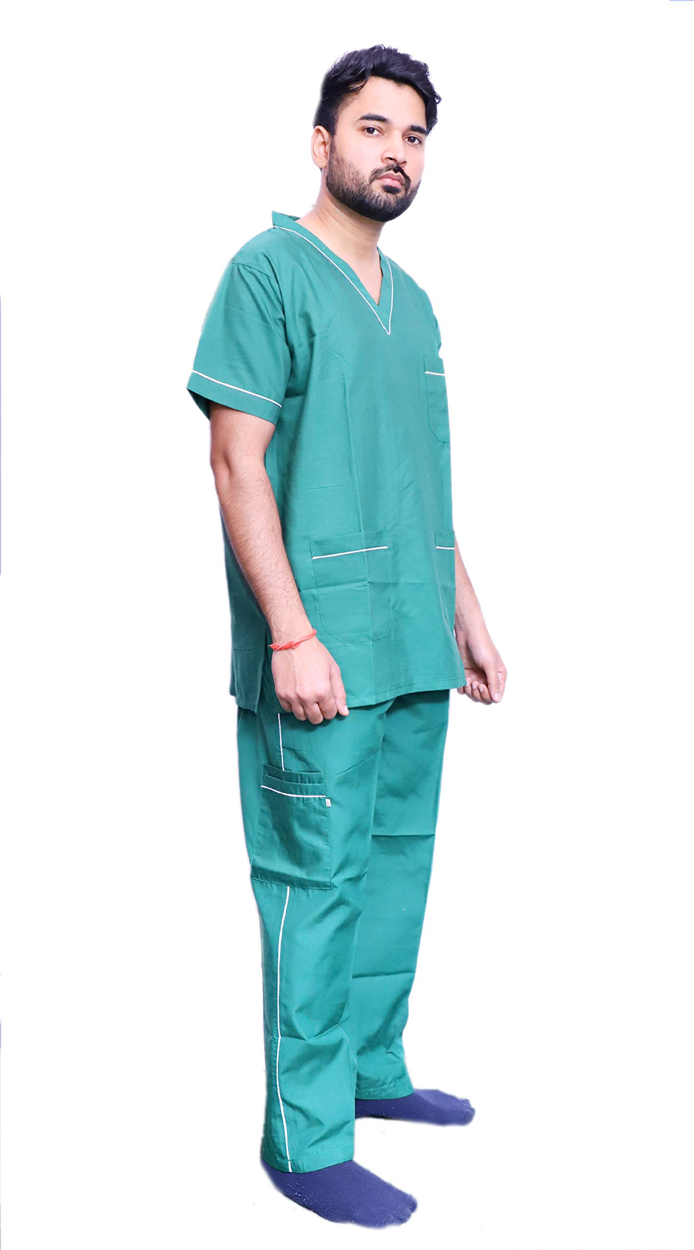 Primestore India Unisex Scrub Suit set with Piping V-Neck 3 Pocket Top and Cargo Type Trouser (40 Large, hunter green)