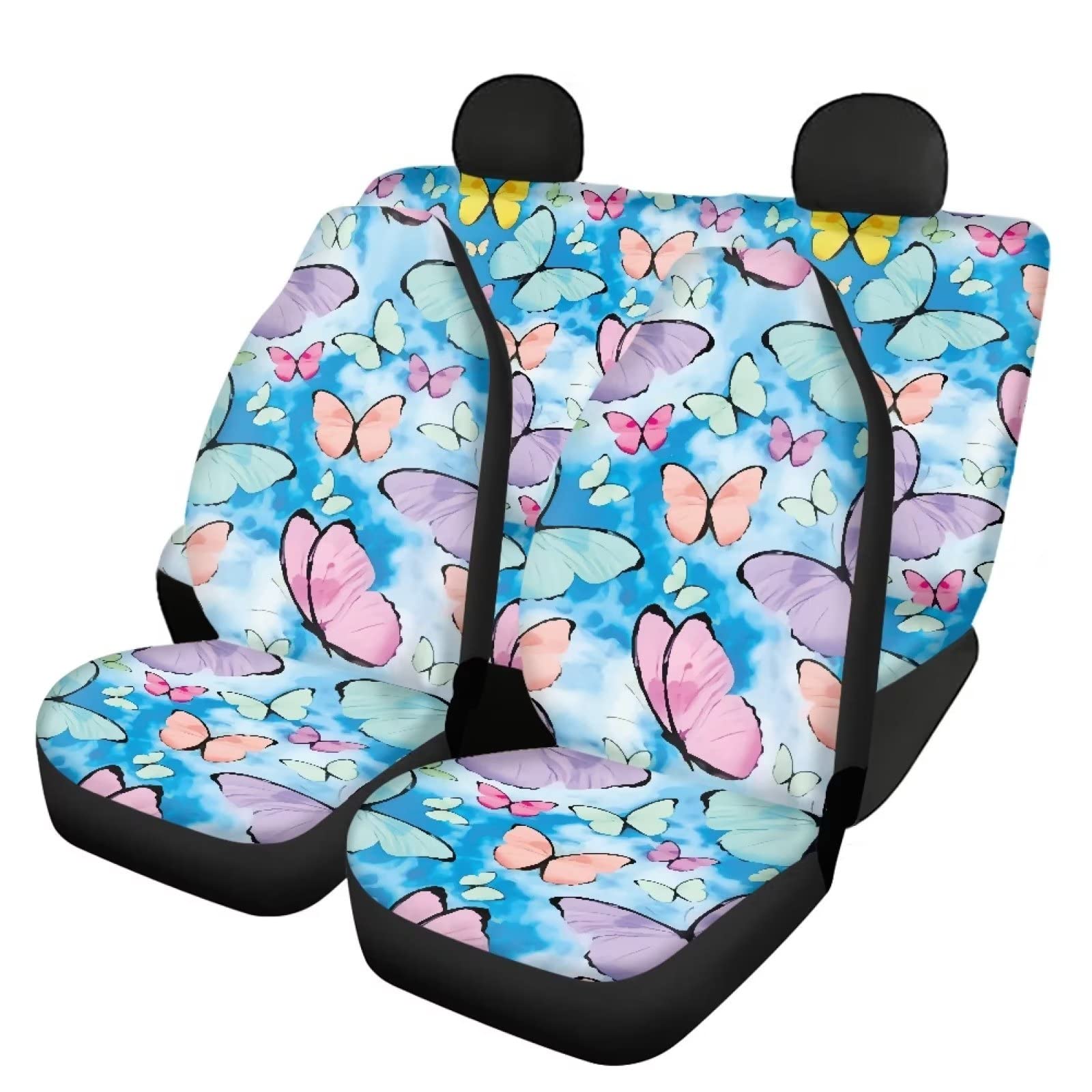 Blue Butterfly Print Automotive Seat Cover Full Set Custom Front Back Seat Cover Easy Install Soft Breathable Universal Car Seat Protector for Women Men Fitted Car Interior Accessories for Trucks