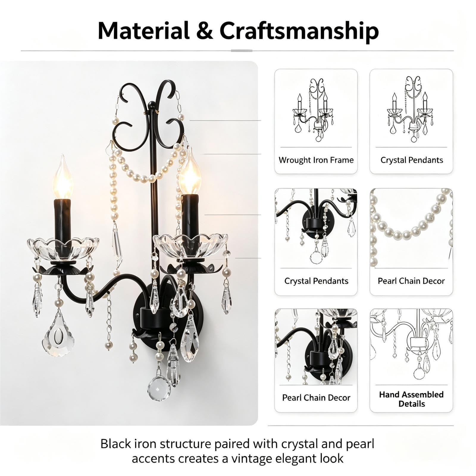 Aplique de Pared Vintage 2 Luces Perlas Artificiales Cristal Hierro