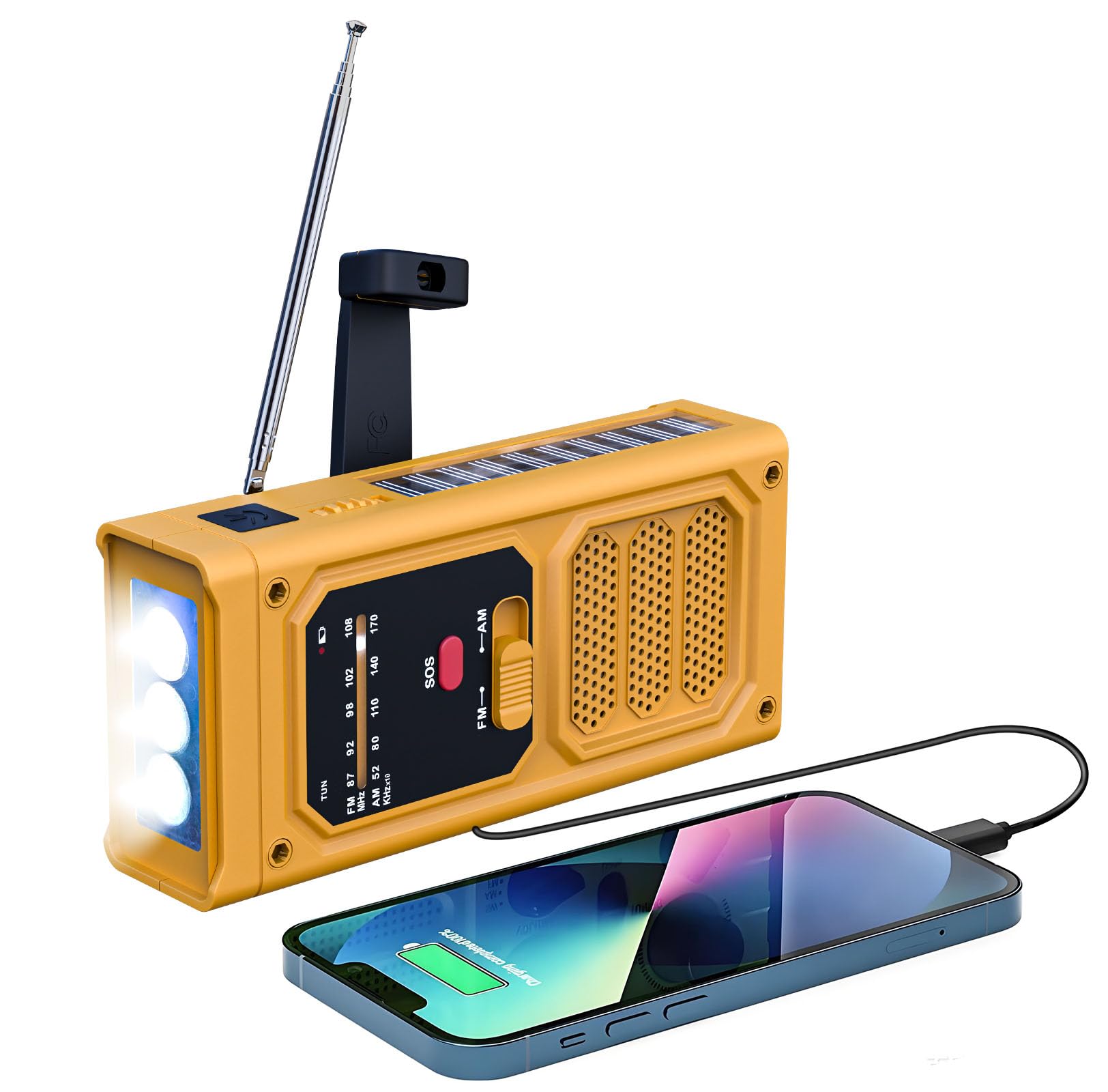 Radio Solaire d’Urgence, Radio à Manivelle avec Lampe Torche LED, Alarme SOS, Recharge par USB/Solaire/Manivelle, Radio AM/FM avec Batterie de 2000mAh pour Camping Randonnée Survie, Orange