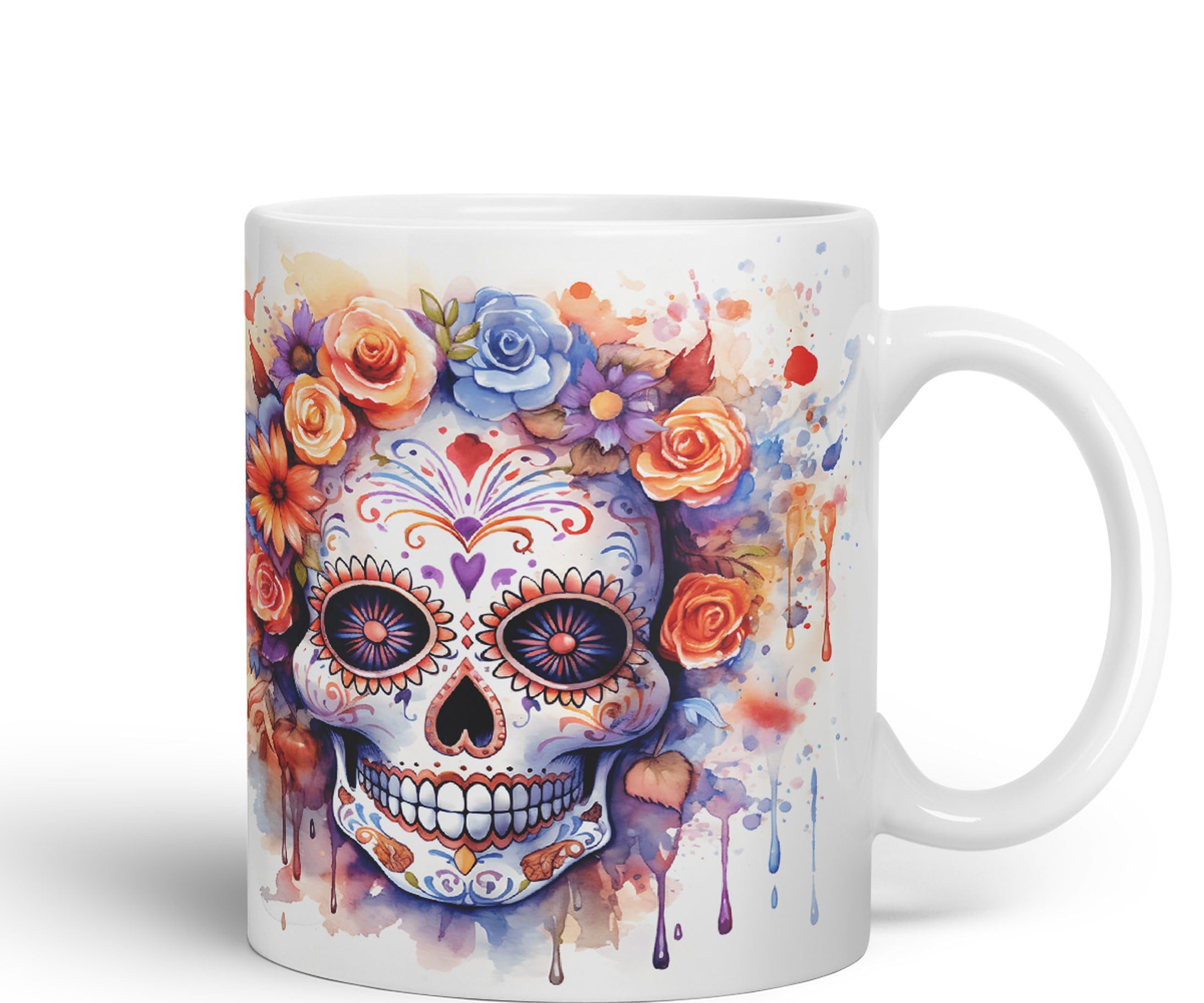 Vixar Sugar Skull and Roses Ceramic Coloured Mug Cup for Tea Coffee Hot Brew 330ml 11Oz Gift sk5 (White) - Image 2