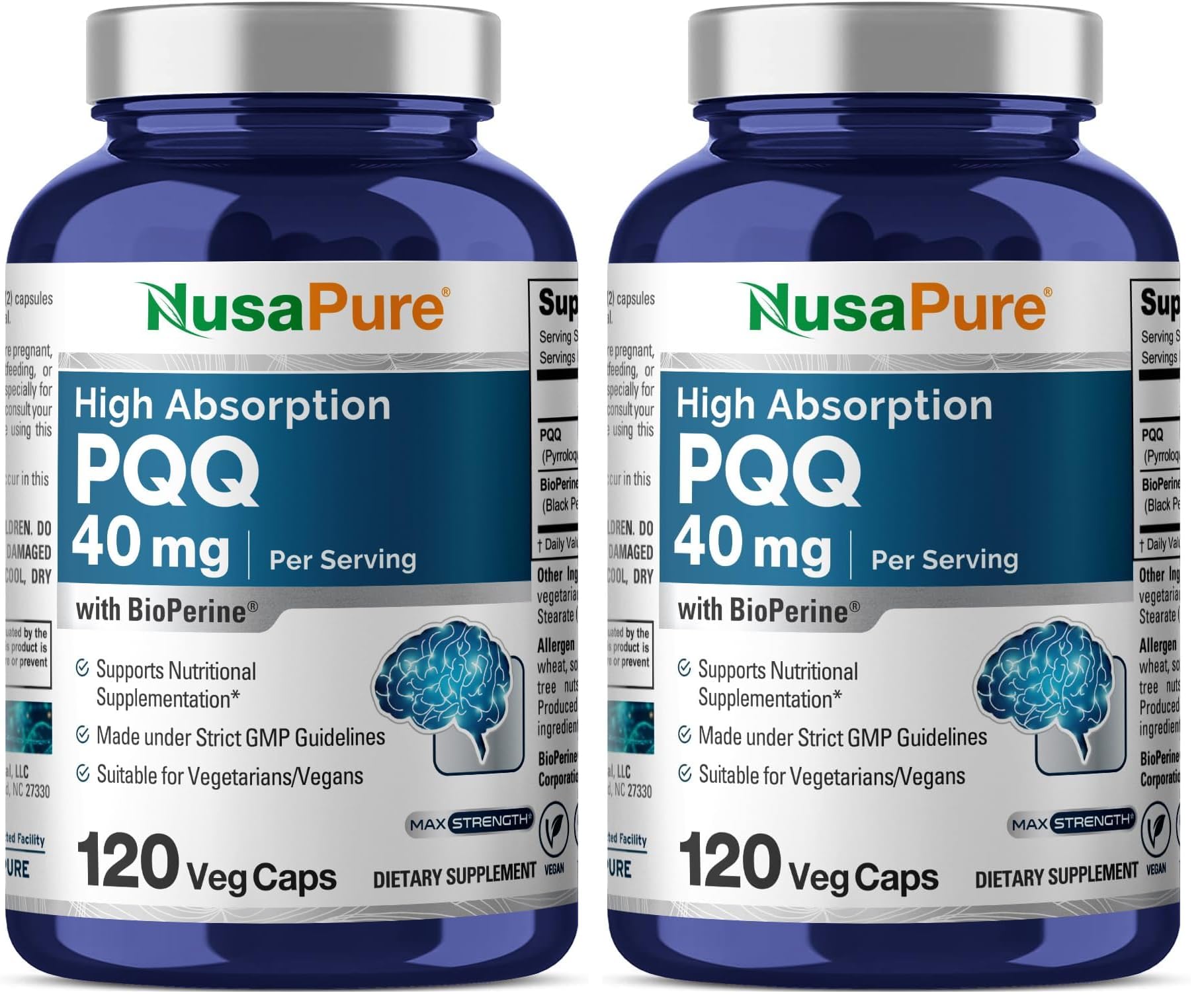 NusaPure PQQ Supplement 40 mg, 120 Veggie Capsules, Non-GMO, Pyrroloquinoline Quinone Disodium Salt, Bioperine (Pack of 2) 120 Count (Pack of 2)