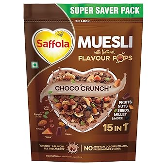 Saffola Muesli Choco Crunch with Flavour Pops, 700 gm | 15 in 1 Fruit and Nuts, Seeds, Millet & more | Cereals for breakfast rich in wholegrain, protein, fibre - image, photos