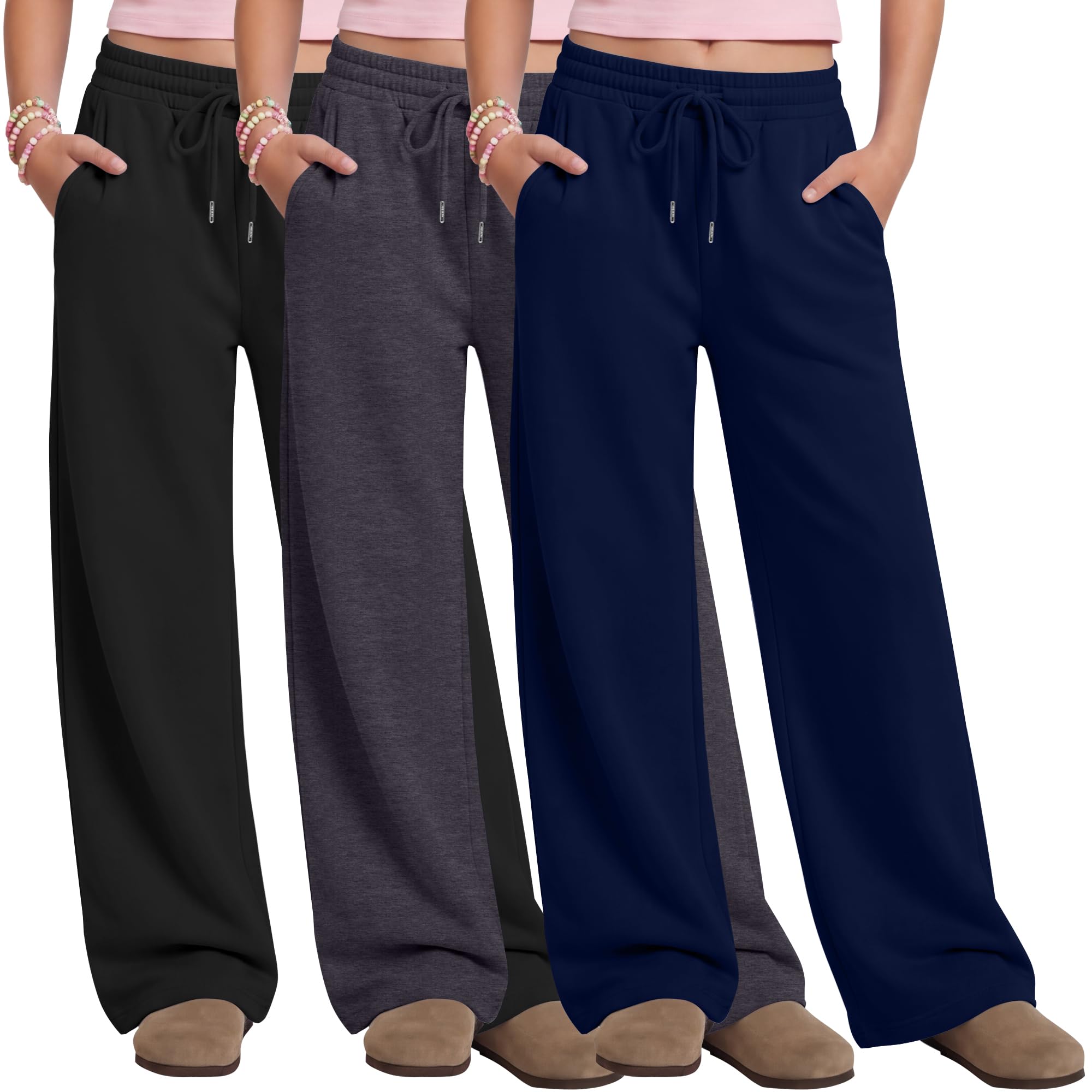 3 Pack Girls Wide Leg Sweatpants Drawstring Baggy Pants Teen Casual Loose Athletic Joggers with Pockets 5-14 Years