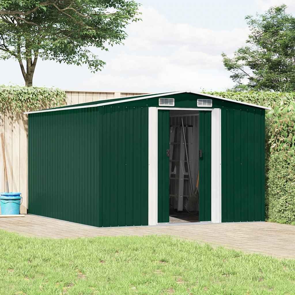 Gerätehaus Metall grün 257x298x178 cm verzinkter Stahl Gartenschuppen mit Lüftungsgittern, Schiebetüren, geräumig für Werkzeugaufbewahrung und Gartenlagerung im Außenbereich Terrasse