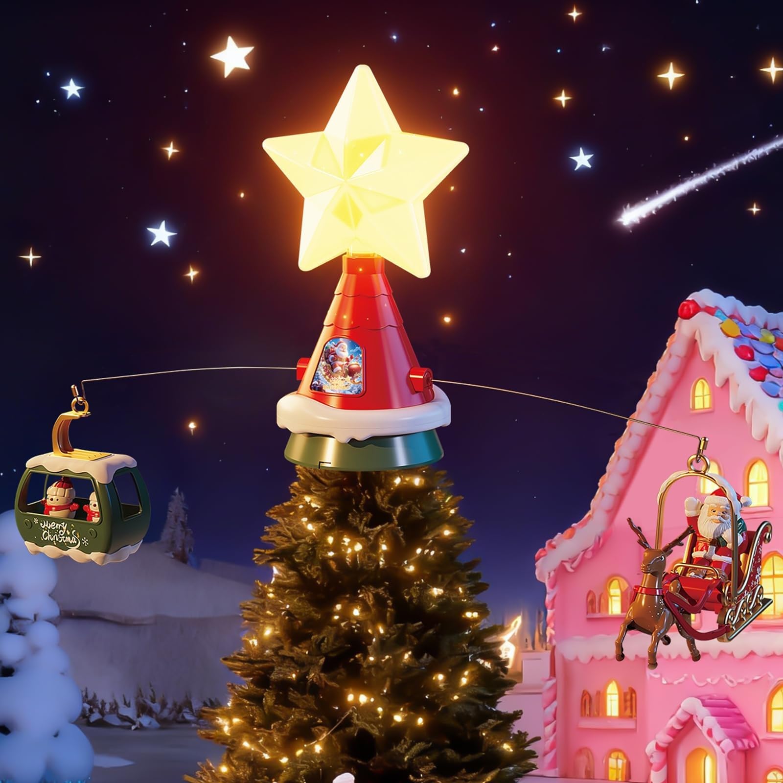 Juguete de Papá Noel dinámico participativo para árboles con ciervos cantando reubicación, ferrocarril, iluminación blanca cálida, acción USB, propulsado por USB, decoración dinámica de Papá