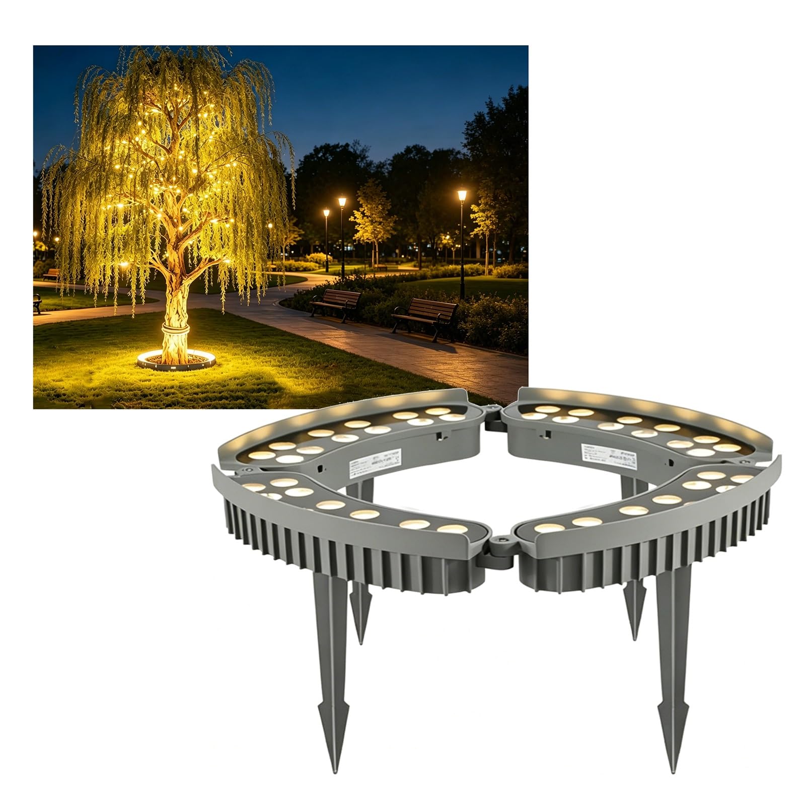 Zewnętrzne pierścieniowe lampki choinkowe LED, wodoodporne oświetlenie IP65 dla drzew, ciepłe białe reflektory krajobrazowe LED z palikiem do patio ogrodowego(4 Packs)