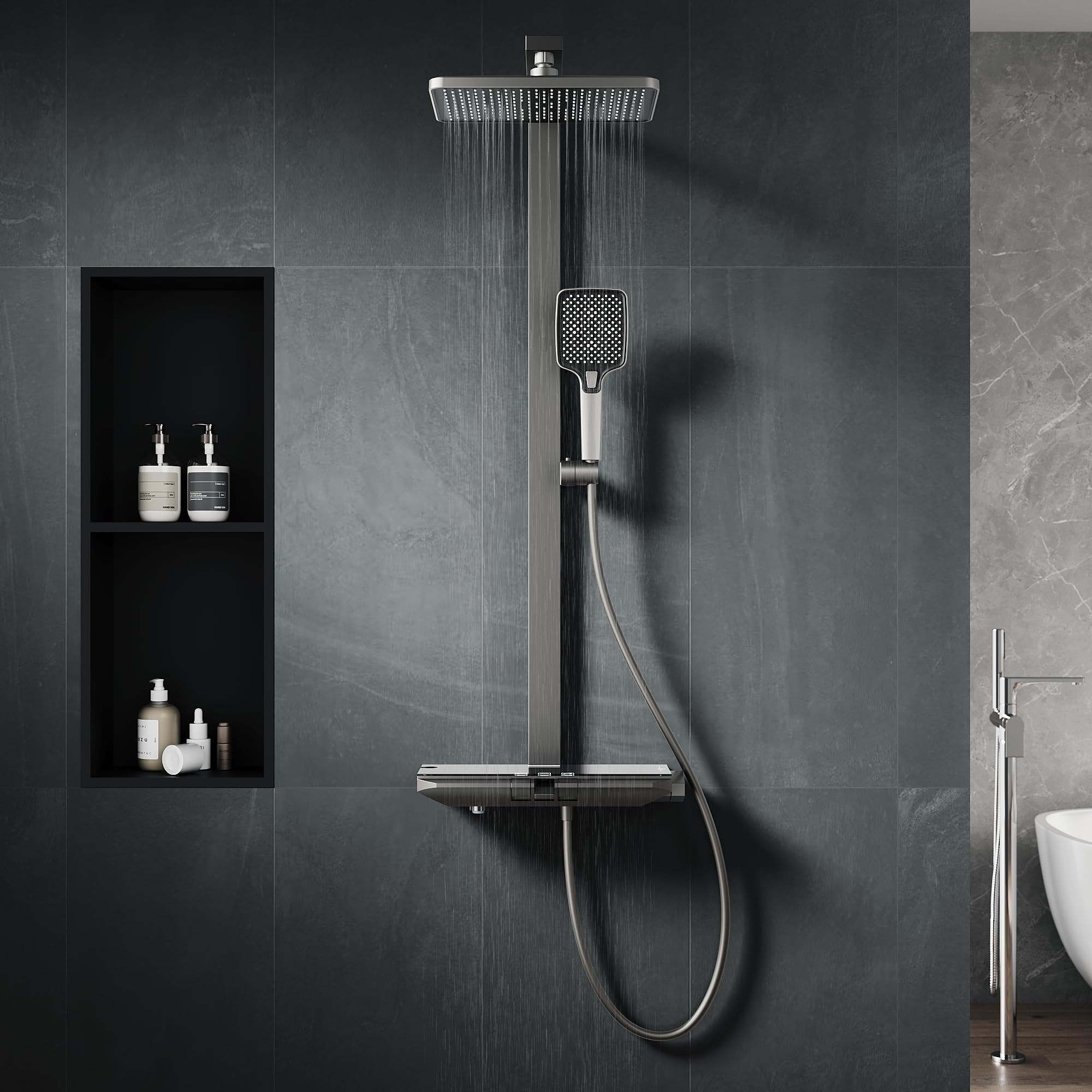 SONNI Duschsystem mit Thermostat Anthrazit LED Duschset Regendusche Eckig