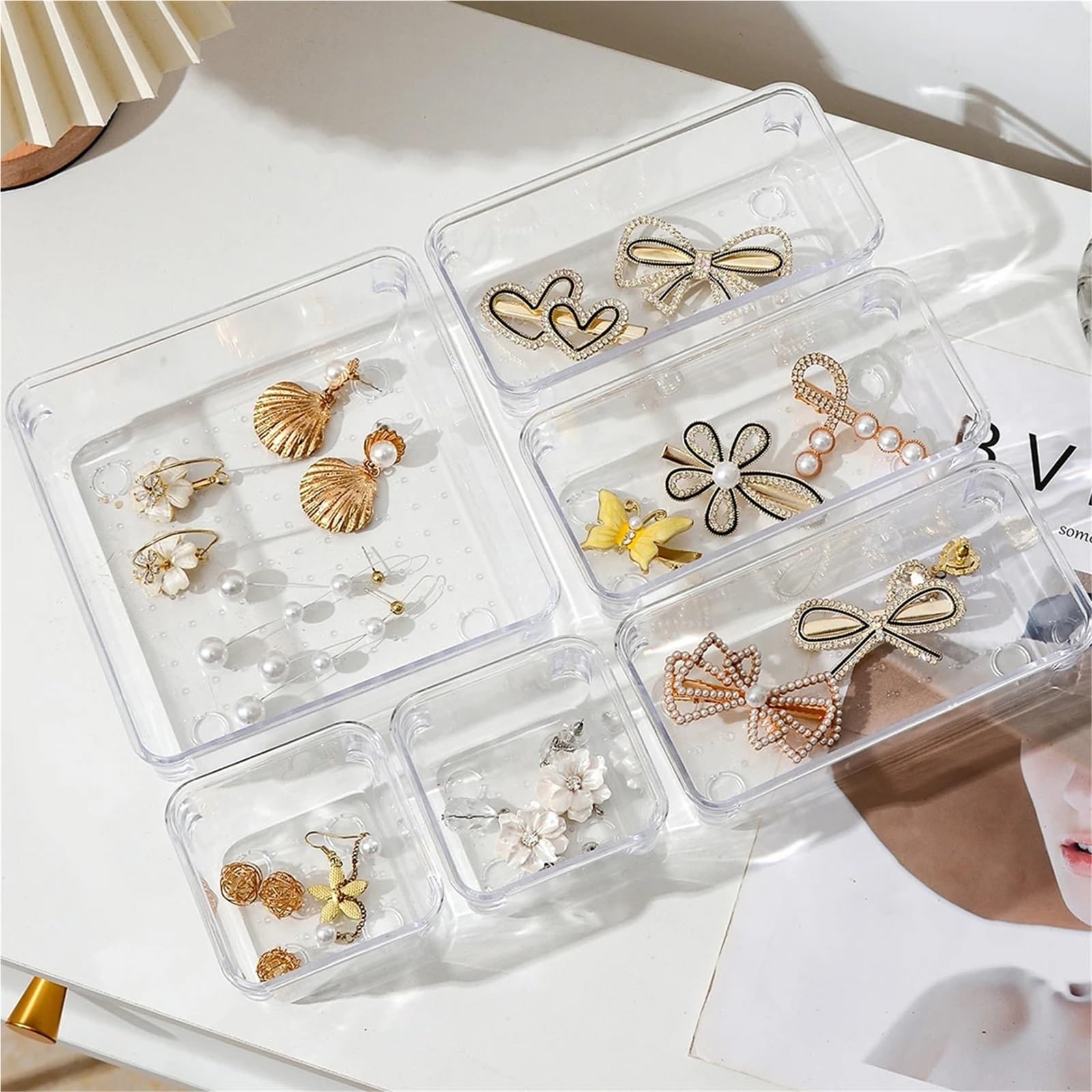 Set di 7 organizer for cassetti da scrivania, in plastica, for riporre oggetti bagno, for trucchi, scatola portaoggetti trasparente Per Cassetti