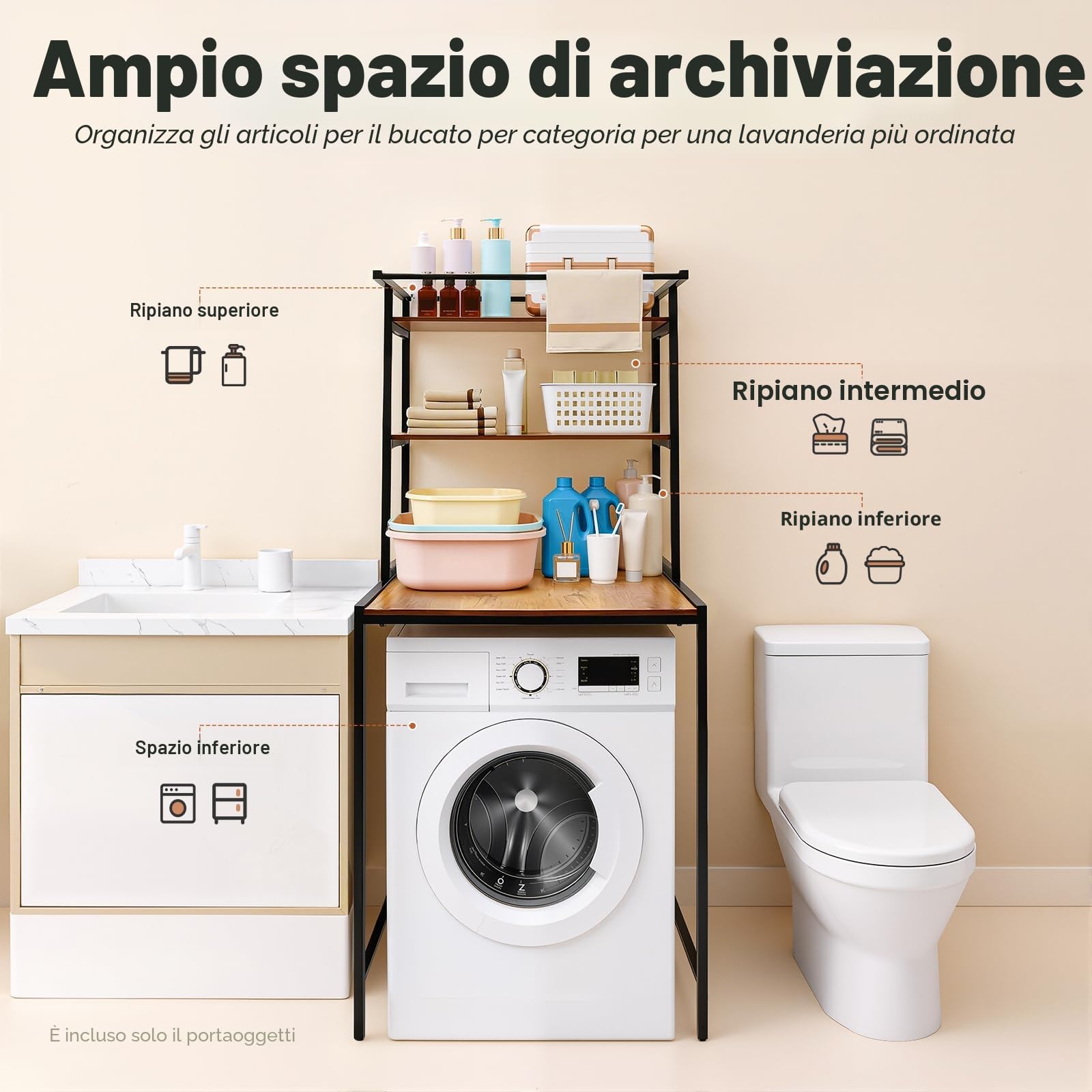 Scaffale per lavatrice, in metallo, per bagno, per lavatrice, con 3 ripiani, 69 x 60 x 176 cm, colore: nero