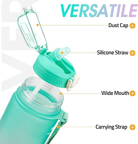 Miniatura 2 de Botella de agua motivacional con marcador de tiempo, botellas de agua de 32 onzas con tiempos para beber, a prueba de fugas y sin BPA, botella de