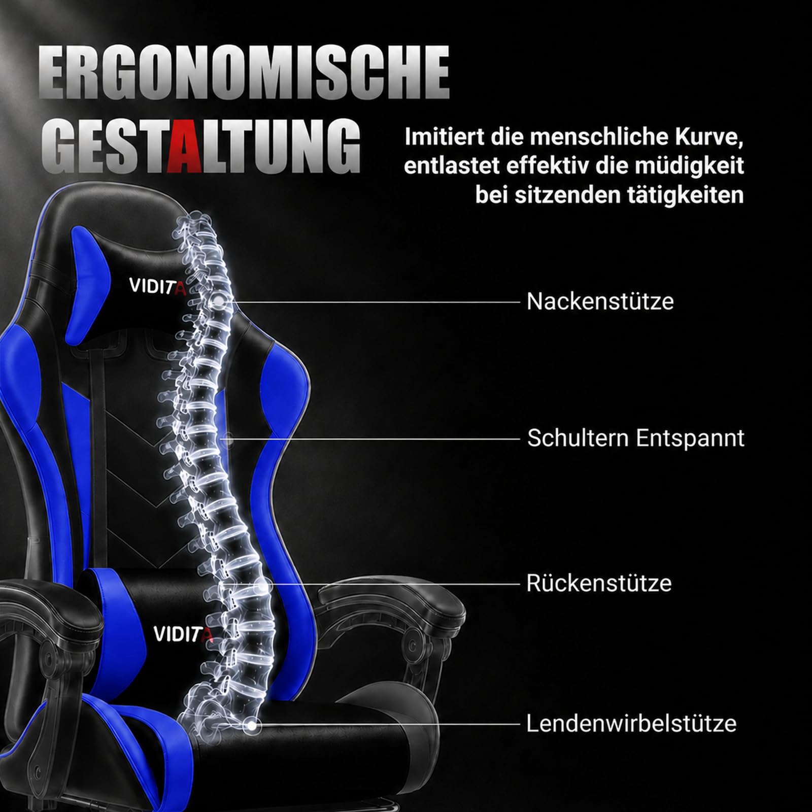 Ergonomischer Gaming Stuhl mit Fußstütze, verstellbarer Gaming Chair mit Lendenkissen, Kopfstütze & 135°Rückenlehne, drehbarer Bürostuhl für Büro, Homeoffice & Zocken mit Komfort,Schwarz & Blau, 150kg