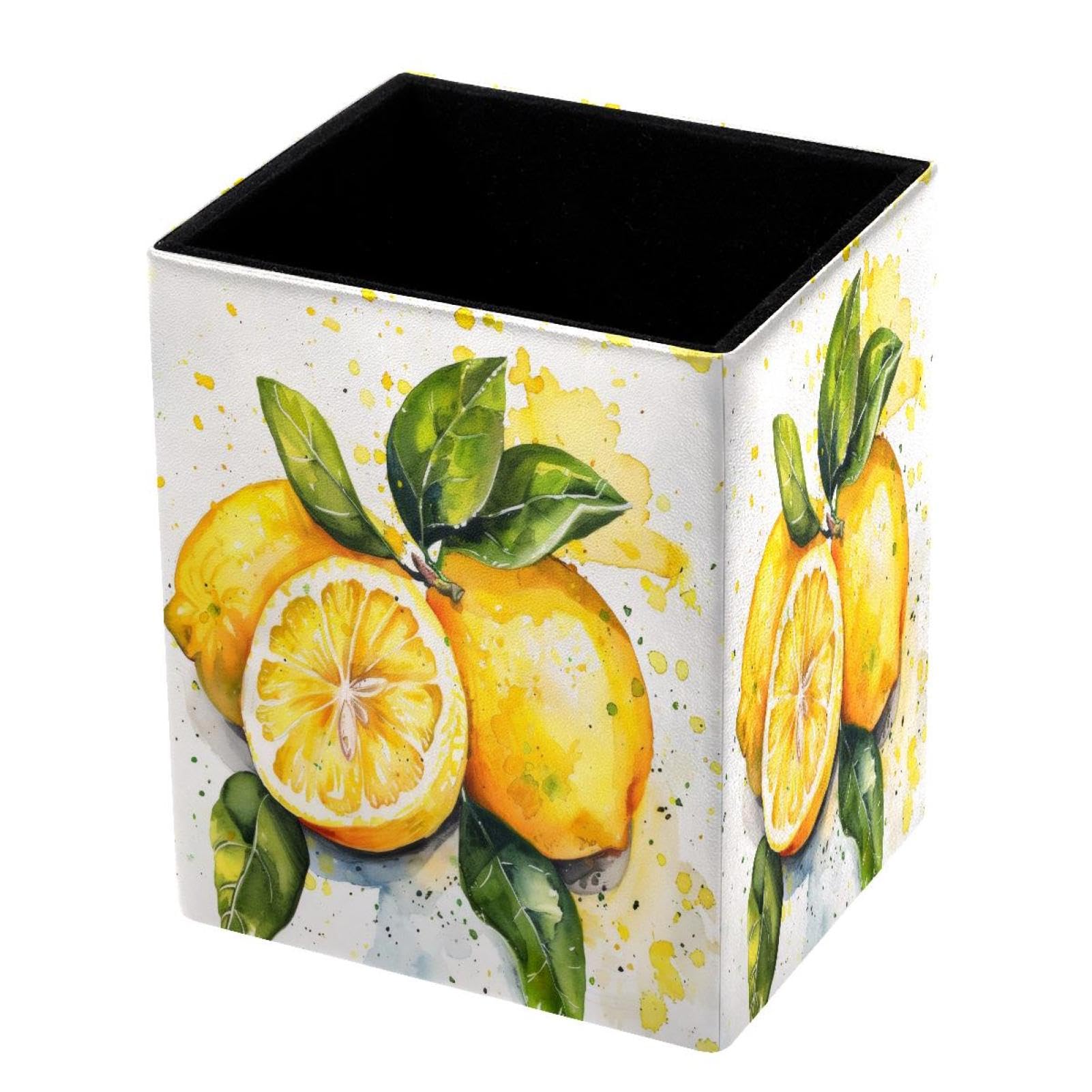 DragonBtu Desktop Pencil Holder, Watercolor Lemon Rectangular Pencil Cup, Pencil Storage Bag Office Desk Supplies Case for School, Kids