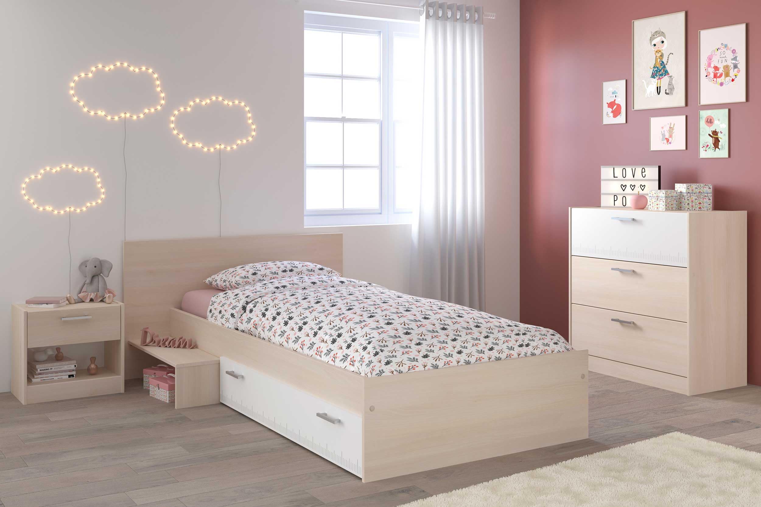 CHARLEMAGNE Chambre Enfant Complete style contemporain décor acacia clair et blanc - l 90 x L 190 cm