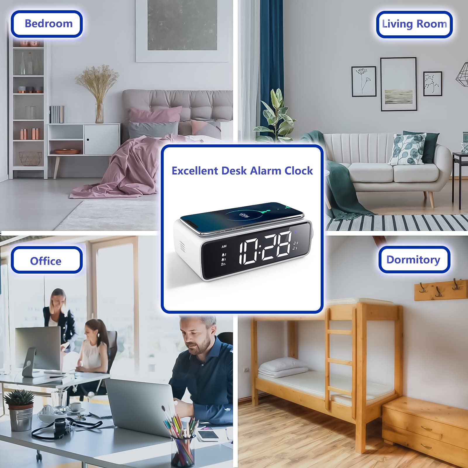 Sveglia Digitale con Ricarica Wireless, Funzione Snooze Luminosità Regolabile per Ufficio, Viaggi, Camera da Letto, Bambini, Adolescenti, Adulti, Regali