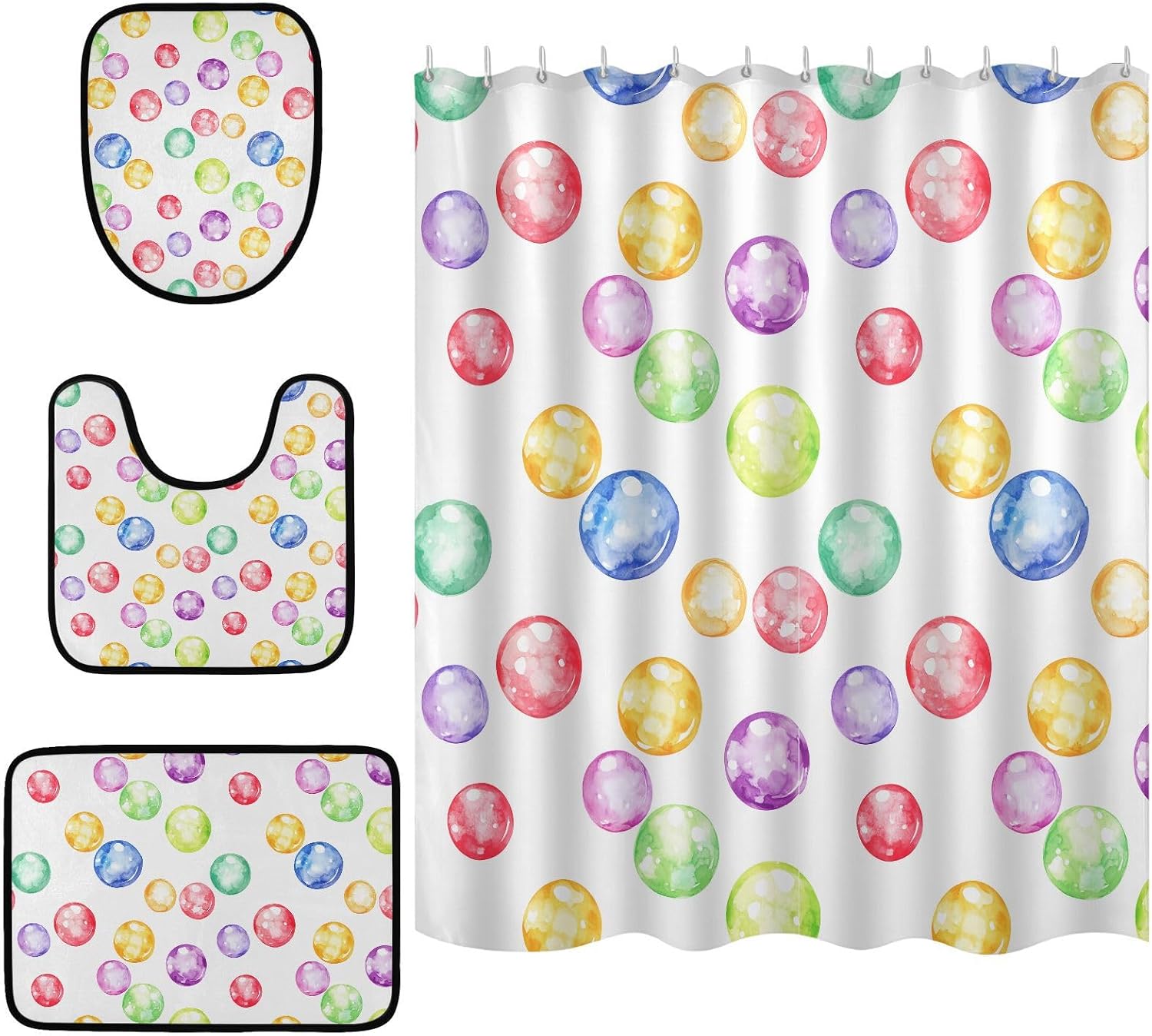 4 Pcs Bathroom Sets with Rugs Bath Mat, U Shape Toilet Lid Cover Mat, Shower Curtain with 12 Hooks, (Watercolor Colorful Bubbles)