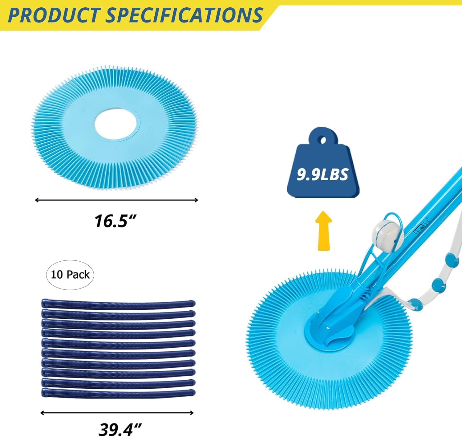 Automatic Suction Pool Cleaner, Side Climbing Pool Cleaners with 10 Hose, Low Noise Pool Vacuum Cleaner for Above-Ground & In-ground Swimming Pool, Blue