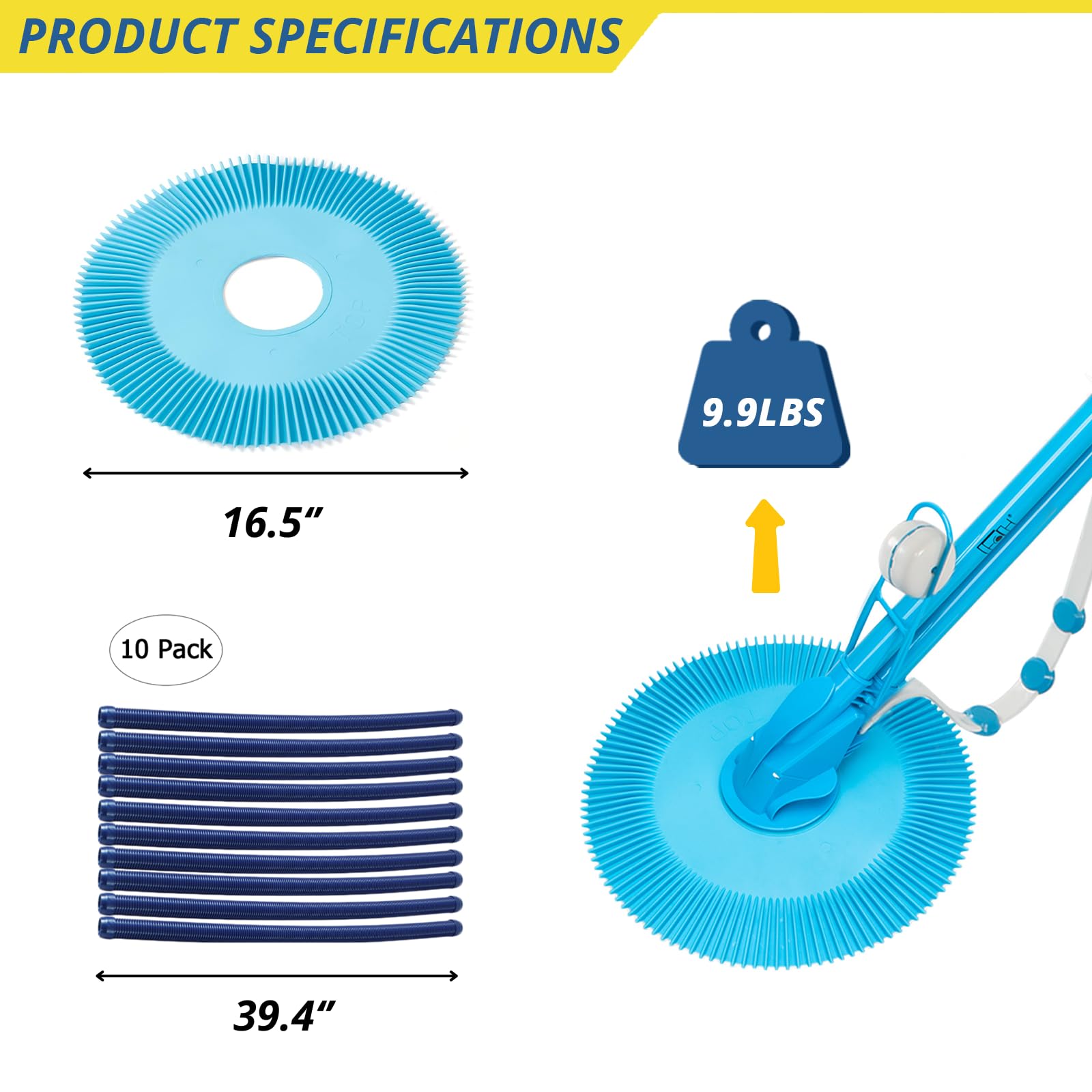 Limpiador automático de piscina con succión, limpiadores de piscina de escalada lateral con manguera 10, aspiradora de piscina de bajo ruido para piscina sobre el suelo y en el suelo, azul