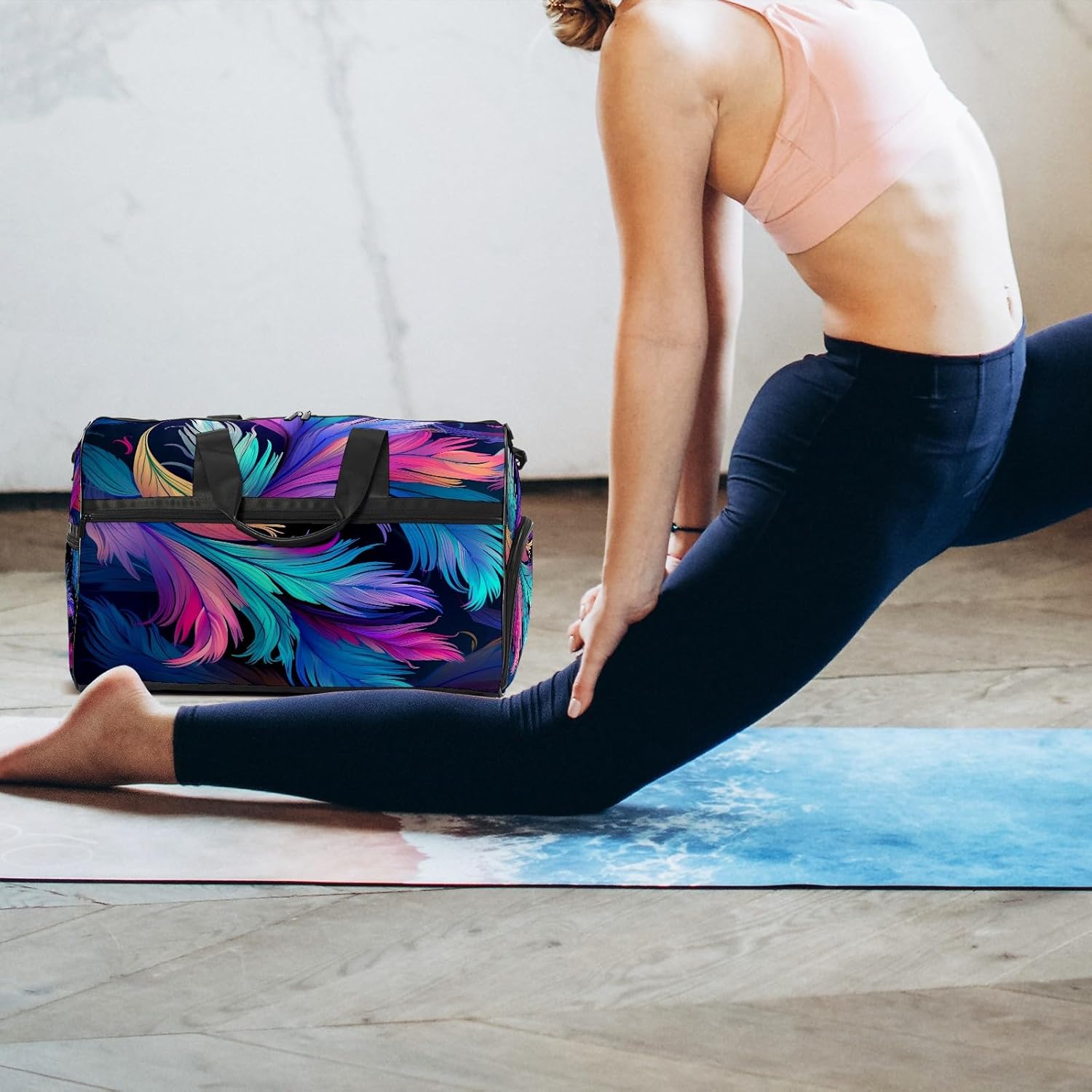 Gym Bag for Women, Carry on Weekender Overnight Bag, Travel Duffel Bags, Personal Item Travel Bag Tote Bag Workout Dance Bag, Cute Feather - 1