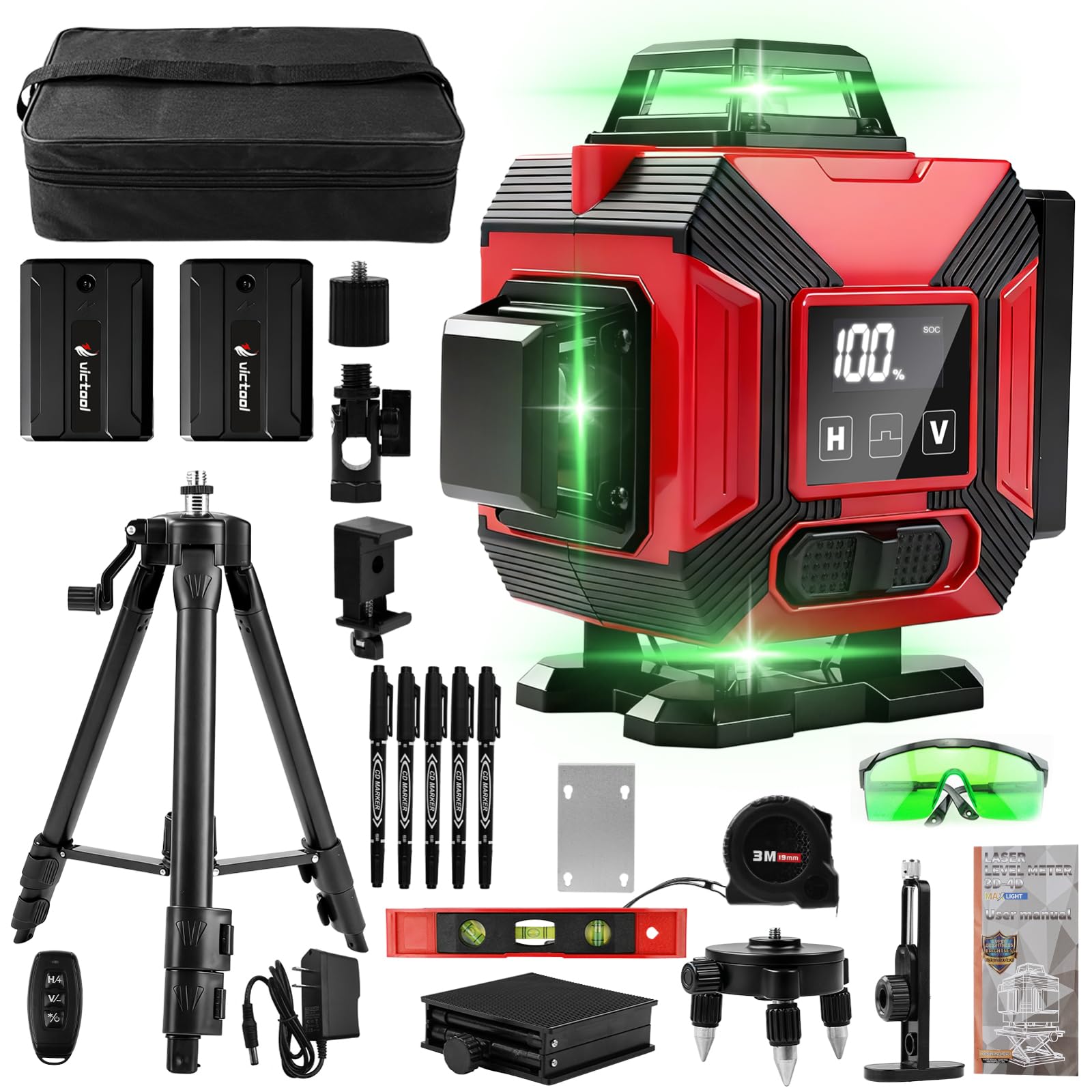 VOBOR Nivel Laser Autonivelante 360 Grados, 16 líneas 4D, 2x 4800 mAh Batería, Pantalla LED, APP et Télécommande, Multitud de Accesorios, Láser Nivel para Azulejos y Paredes