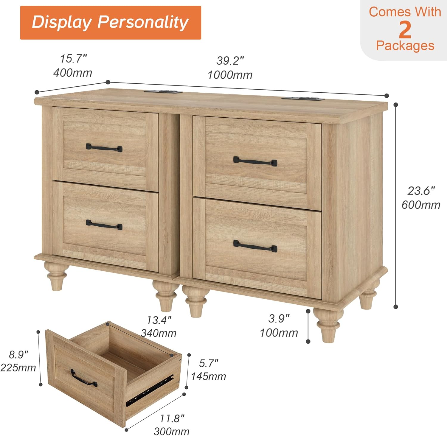 WAMPAT Nightstands Set of 2 Side Table with Charging Station, Light