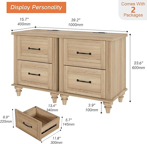 Miniatura 10 de WAMPAT Mesita de noche con estación de carga, mesa auxiliar de madera clara con 2 cajones para sala de estar, mesita de noche de granja para