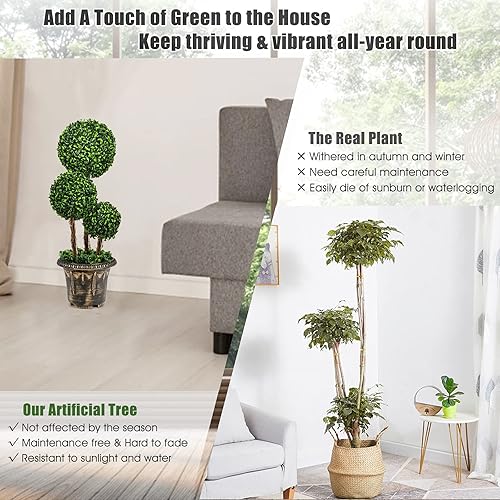 Miniatura 3 de Goplus Árbol topiario artificial de boj de 2.5 pies, paquete de 2 plantas de vegetación falsas, árbol de triple bola, hojas y maceta de plástico