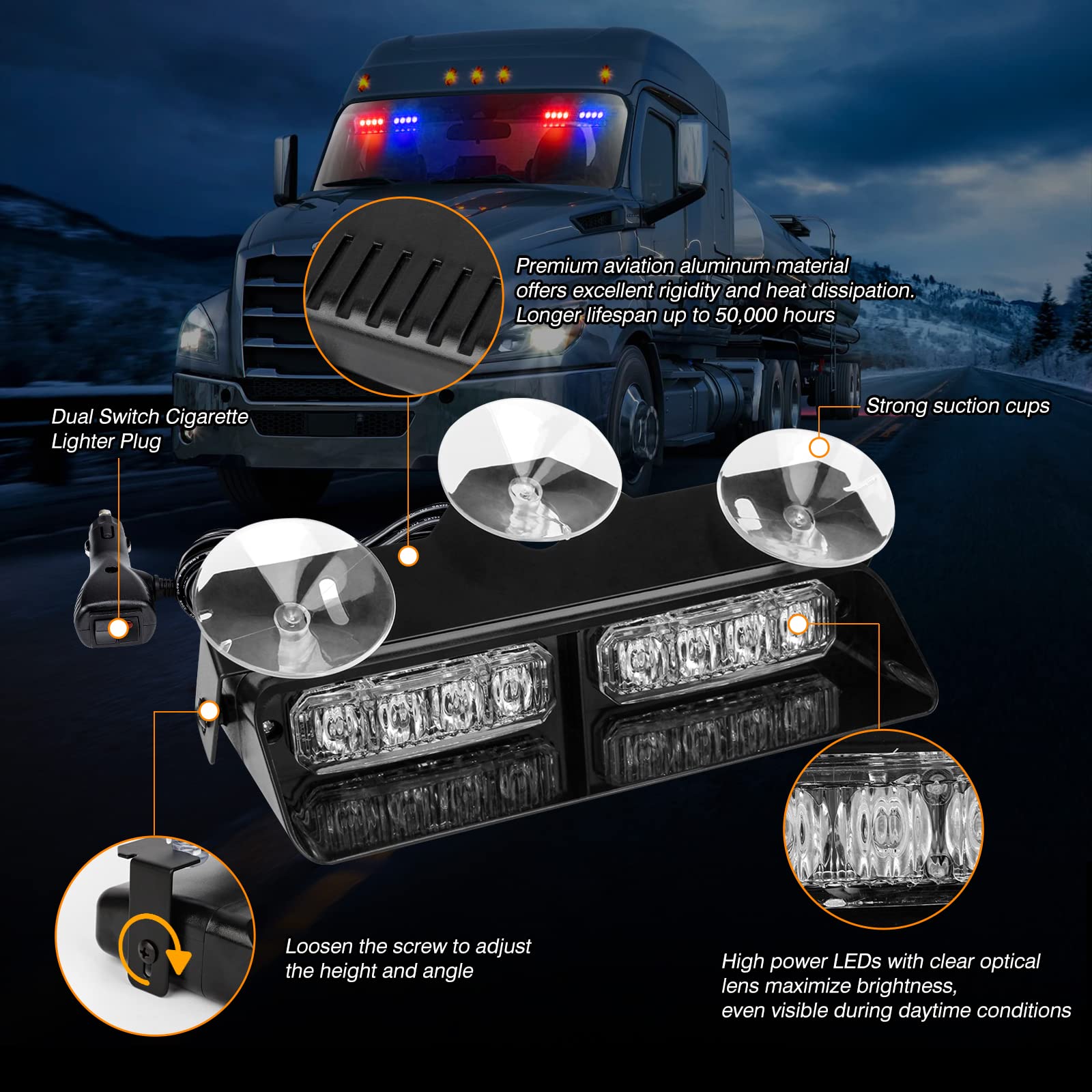 2 luci stroboscopiche di emergenza per parabrezza, 18 LED, 18 lampeggianti, con ventose, 12 V, per auto, camion, veicoli (rosso e blu)