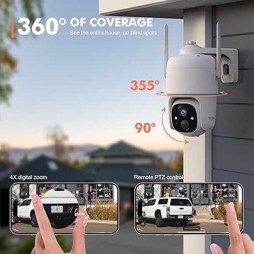 Miniatura 3 de Dzees Cámaras de seguridad PTZ de 360 inalámbricas WiFi para exteriores, cámara de seguridad para el hogar con batería 2K para interiores, foco y