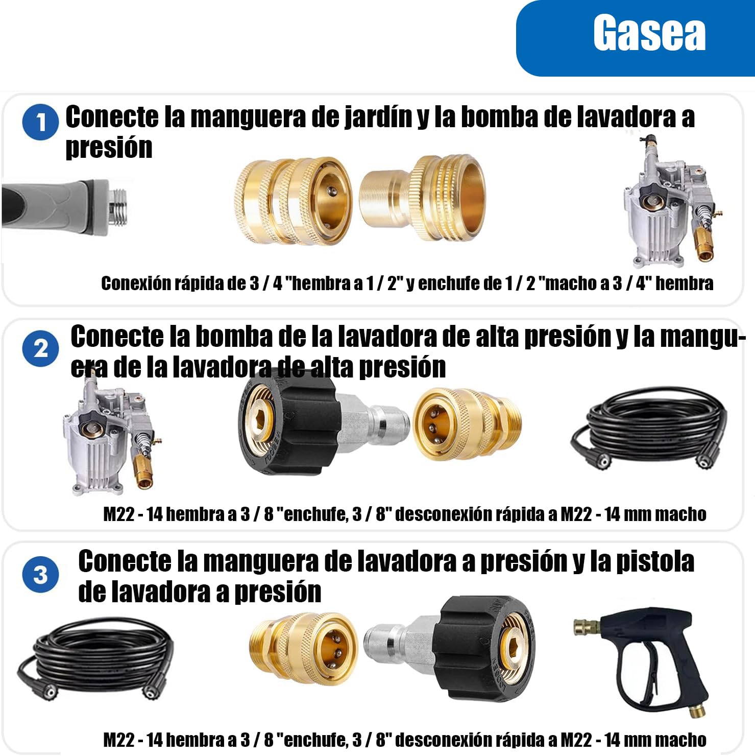 8 Pcs Adaptadores para Lavadora a Presión, Adaptadores de Lavadora a Presión, Kit de Accesorios de Manguera de Desconexión Rápida, M22 a 3/8'' Kit de Adaptador de Arandela, 5000 PSI