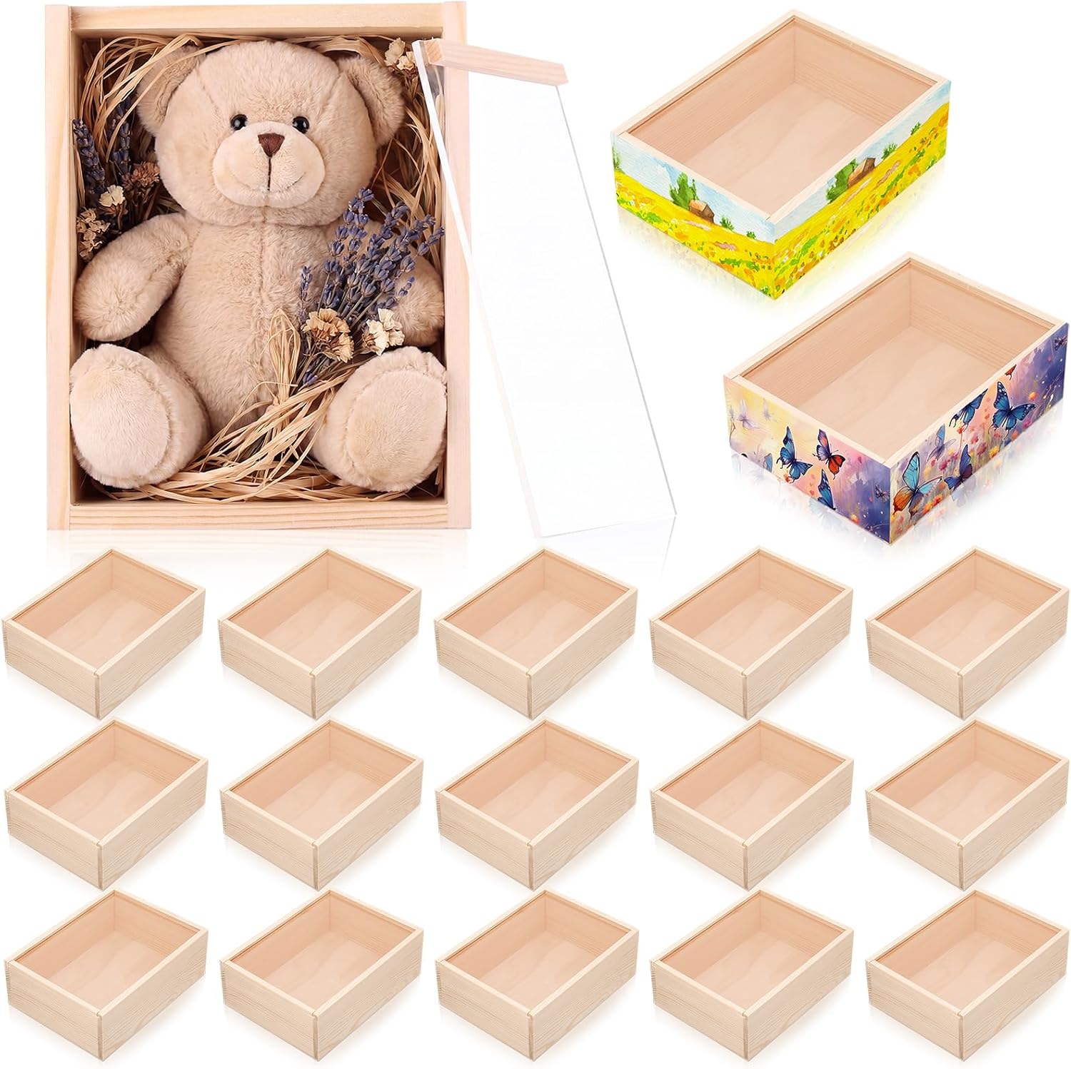 Thyle 18 Pcs Unfinished Wood Display Boxes with Acrylic Lids 6.3 x 4.9 x 1.8 Inch Unfinished Wood Boxes Crafts Gift for Flower DIY Wedding Party Favor Supplies