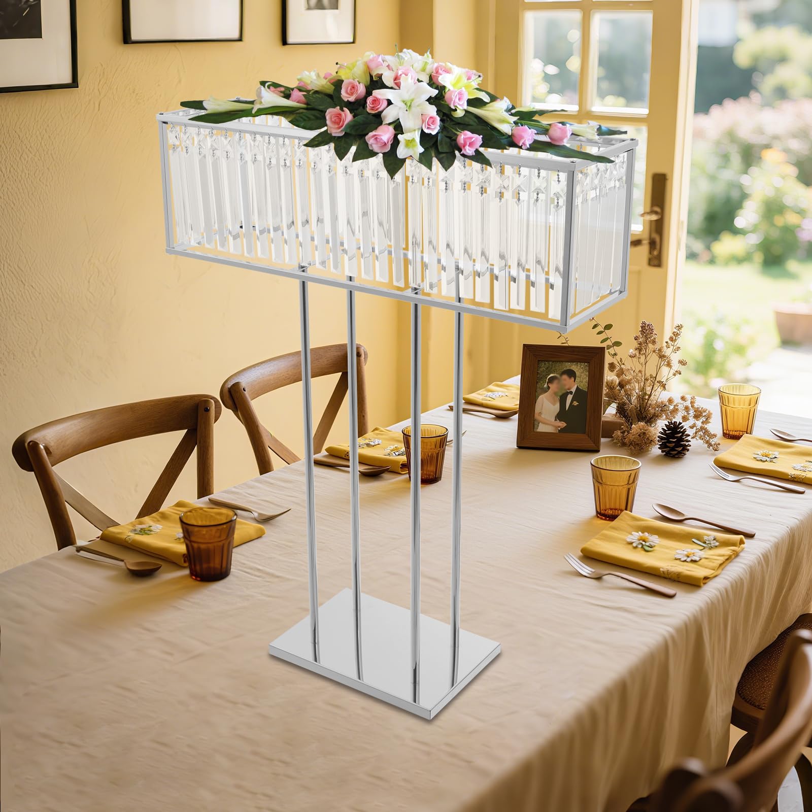 Support à fleurs 70 cm - Fer et cristal - Pour anniversaire, fête et hall d'hôtel | Décoration de mariage - Charge maximale de 5 kg - Argent - Centre de table élégant ou marque-page autoportant